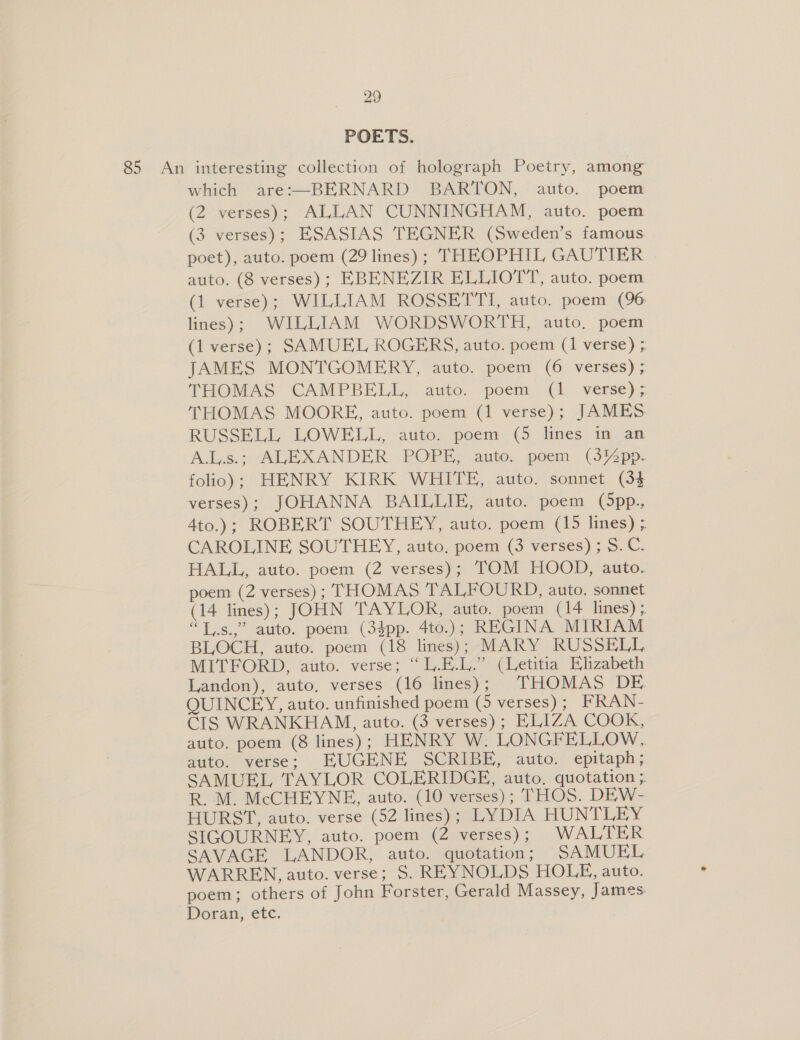 POETS. 85 An interesting collection of holograph Poetry, among which are:—BERNARD BARTON, auto. poem (2 verses); ALLAN CUNNINGHAM, auto. poem (3 verses); ESASIAS TEGNER (Sweden’s famous poet), auto. poem (29 lines) ; THEOPHIL GAUTIER auto. (8 verses); EBENEZIR ELLIOTT, auto. poem (1 verse); WILLIAM ROSSETTI, auto. poem (96 lines); WILLIAM WORDSWORTH, auto. poem (1 verse); SAMUEL ROGERS, auto. poem (1 verse) ;. JAMES MONTGOMERY, auto. poem (6 verses) ; THOMAS CAMPBELL, auto. poem (1 verse); THOMAS MOORE, auto. poem (1 verse); JAMES RUSSELL LOWELL, auto. poem (5 lines in an A.l,s.;: ALEXANDER POPE, auto. poem (3%pp. folio); HENRY KIRK WHITE, auto. sonnet (34 verses); JOHANNA BAILLIE, auto. poem (Spp., 4to.); ROBERT SOUTHEY, auto. poem (15 lines) ; CAROLINE SOUTHEY, auto. poem (3 verses) ; S.C. HALL, auto. poem (2 verses); TOM HOOD, auto. poem (2 verses) ; THOMAS TALFOURD, auto. sonnet (14 lines); JOHN TAYLOR, auto. poem (14 lines); “Ls.” auto. poem (34pp. 4to.); REGINA MIRIAM BLOCH, auto. poem (18 lines); MARY RUSSELL MITFORD, auto. verse; “L.E.L.” (Letitia Elizabeth Landon), auto, verses (16 lines); THOMAS DE QUINCEY, auto. unfinished poem (5 verses) ; FRAN- CIS WRANKHAM, auto. (3 verses); ELIZA COOK, auto. poem (8 lines); HENRY W. LONGFELLOW.,. auto. verse; EUGENE SCRIBE, auto. epitaph; SAMUEL TAYLOR COLERIDGE, auto, quotation ;. R. M. McCHEYNE, auto. (10 verses) ; THOS. DEW- HURST, auto. verse (52 lines); LYDIA HUNTLEY SIGOURNEY, auto. poem (2 verses); WALTER SAVAGE LANDOR, auto. quotation; SAMUEL WARREN, auto. verse; S. REYNOLDS HOLE, auto. poem; others of John Forster, Gerald Massey, James: Doran, etc.