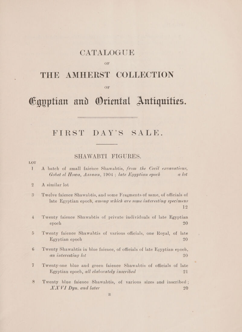 OF THE AMHERST COLLECTION OF Gguptian and Oriental Antiquities.  CP ibys EO PAN SS le SHAWABTI FIGURES. LOT I A batch of small faience Shawabtis, from the Cecil excavations, Gobet el Howa, Assuan, 1904 ; late HKgyptian epoch a lot 2 A similar lot 3. ‘Twelve faience Shawabtis, and some Fragments of same, of officials of late Egyptian epoch, among which are some interesting specimens 2 4 ‘Twenty faience Shawabtis of private individuals of late Egyptian epoch 20 5 ‘Twenty faience Shawabtis of various officials, one Royal, of late Egyptian epoch 20 6 ‘Twenty Shawabtis in blue faience, of officials of late Egyptian epoch, an interesting lot 20 7 ‘Twenty-one blue and green faience Shawabtis of officials of late Kgyptian epoch, all elaborately inscribed vl 8 Twenty blue faience Shawabtis, of various sizes and inscribed ; XX VI Dyn. and later 20 B