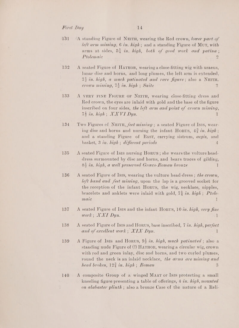 131 133 134 135 136 137 138 140. left arm missing, 6 in. high; and a standing Figure of Mut, with arms at sides, 54 in. high, both of geod work and patina ; Ptolemaic 2 A seated Figure of HATHOR, wearing a close-fitting wig with uraeus, lunar dise and horns, and long plumes, the left arm is extended, 7s in. high, a much patinated and rare figure; also a NEITH, crown missing, 74 in. high ; Saite 2 A VERY FINE FiGurE or NEITH, wearing close-fitting dress and Red crown, the eyes are inlaid with gold and the base of the figure inscribed on four sides, the left arm and point of crown missing, 74 in. high; XX VI Dyn. 1 Two Figures of N&amp;ITH, /eet missing ; a seated Figure of ISIS, wear- ing disc and horns and nursing the infant Horus, 43 én. high; and a standing Figure of BAST, carrying sistrum, aegis, and basket, 3 72. high; different periods 4 A seated Figure of Isis nursing Horus; she wears the vulture head- dress surmounted by dise and horns, and bears traces of gilding, 84 in. high, a well preserved Graeco-Roman bronze 1 A seated Figure of Isis, wearing the vulture head-dress ; the crown, left hand and feet missing, upon the lap is a grooved socket for the reception of the infant Horus, the wig, necklace, nipples, bracelets and anklets were inlaid with gold, 74 in. high; Ptole- maic 1 A seated Figure of [SIs and the infant Horus, 10 zn. high, very fine work; XXL Dyn. 1 A seated Figure of [sts and Horws, base inscribed, 7 2n. high, perfect and of eacellent work; XIX Dyn. 1 A Figure of Isis and Horus, 94 in. high, much patinated ; also a standing nude Figure of (?) HATHOR, wearing a circular wig, crown with red and green inlay, disc and horns, and two curled plumes, round the neck is an inlaid necklace, the arms are missing and head broken, 12% in. high; Roman 3 A composite Group of a winged MAart or ISIS protecting a small kneeling figure presenting a table of offerings, 4 22. high, mounted on alabaster plinth ; also a bronze Case of the nature of a Reli-