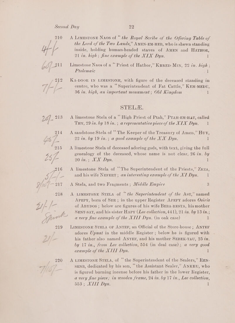 210) / f f Ye / Pa j i MD 21 212 220 A Limestone Naos of “ the Royal Scribe of the Offering Table of the Lord of the Two Lands,” AMEN-EM-HEB, who is shewn standing inside, holding human-headed staves of AMEN and HaTHor, 21 in. high; fine example of the XIX Dyn. | Limestone Naos of a “‘ Priest of Hathor,” Kurep-MIn, 22 in. high; Ptolemaic Fa KA-DOOR IN LIMESTONE, with figure of the deceased standing in centre, who was a © Superintendent of Fat Cattle,” KmmM-mMEDU, 36 in. high, an important monument; Old Kingdom | STELA. A limestone Stela of a “‘ High Priest of Ptah,” Prau-EM-HAT, called THY, 297n. by 18 in. ; arepresentative piece of the XLX Dyn. 1 A sandstone Stela of “The Keeper of the Treasury of Amen,” Huy, 22 in. by 19 in. ; a good example of the X_X Dyn. l A limestone Stela of deceased adoring gods, with text, giving the full genealogy of the deceased, whose name is not clear, 26 in. by 20 in.; XX Dyn. l A limestone Stela of ‘The Superintendent of the Priests,” ZEza, and his wife NEFERT ; an interesting example of the XI Dyn. 1 A Stela, and two Fragments ; Middle Hmpire 3 A LIMESTONE STELA of “the Superintendent of the Ast,” named APEPY, born of SER ; in the upper Register APEPY adores Osiris of ABybos ; below are figures of his wife BEBA-RESTA, his mother SENT-SAT, and his sister HApy (Lee collection, 441), 21 in. by 13 in.; a very fine evample of the XITI Dyn. (in oak case) l LIMESTONE STELA OF ANTEF, an Official of the Store-house ; ANTEF adores Upuat in the middle Register ; below he is figured with his father also named ANTEF, and his mother SEBEK-TAU, 25 7n. by 17 in., from Lee collection, 554 (in deal case); a very good example of the XIII Dyn. l A LIMESTONE STELA, of “the Superintendent of the Sealers,” REN- SENB, dedicated by his son, ‘the Assistant Sealer,” ANKHU, who is figured burning incense before his father in the lower Register, a very fine piece, in wooden frame, 24 in. by 17 in., Lee collection,