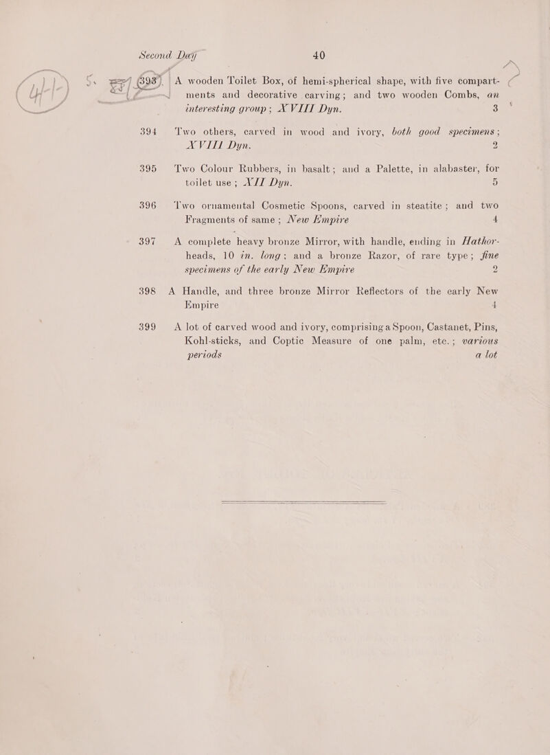 =) 698), A wooden Toilet Box, of hemi-spherical shape, with five compart- = yy ae ments and decorative carving; and two wooden Combs, az interesting group; XVIII Dyn. 3 394 Two others, carved in wood and ivory, both good specimens ; AX VITL Dyn. 9 395 Two Colour Rubbers, in basalt; and a Palette, in alabaster, for toilet use; A/T Dyn. 5 396 ‘Two ornamental Cosmetic Spoons, carved in steatite; and two Fragments of same; New H'mpire 4 397 <A complete heavy bronze Mirror, with handle, ending in Hathor- heads, 10 im. long; and a bronze Razor, of rare type; jine specimens of the early New Hmpire 2 398 A Handle, and three bronze Mirror Reflectors of the early New Kmpire 4 399 <A lot of carved wood and ivory, comprising a Spoon, Castanet, Pins, Kohl-sticks, and Coptic Measure of one palm, etc.; various periods a lot   