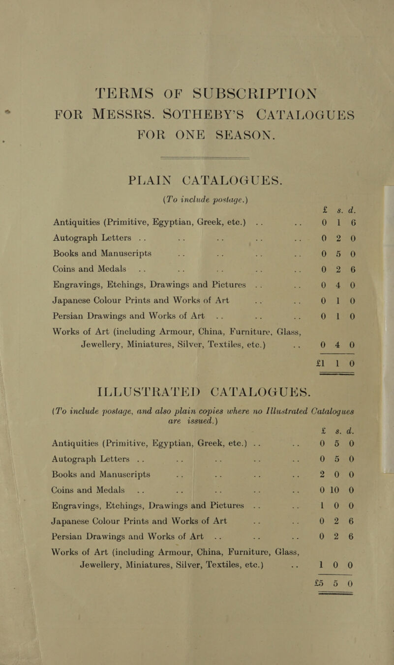 TERMS OF SUBSCRIPTION FOR MESSRS. SOTHEBY’S CATALOGUES FOR ONE SEASON.   PLAIN CATALOGUES. (T’o include postage.) oe ae Antiquities (Primitive, Egyptian, Greek, etc.) 0 1 ‘6 Autograph Letters OS one Books and Manuscripts 0 5 0 Coins and Medals Oe ray Engravings, Etchings, Drawings and Pictures QO; 24 8 Japanese Colour Prints and Works of Art Ue bees 2 Persian Drawings and Works of Art Oe Works of Art (including Armour, China, Furniture, Glass, Jewellery, Miniatures, Silver, Textiles, etc.) ih 0 4 0 £1 Pi ILLUSTRATED CATALOGUES. (T'o include postage, and also plain copies where no Illustrated Catalogues are issued.) £ Bich Antiquities (Primitive, Egyptian, Greek, ete.) .. 0348 Autograph Letters 0 5 0 Books and Manuscripts 2> Ogee Coins and Medals 010 0O Engravings, Etchings, Drawings and Pictures erie Japanese Colour Prints and Works of Art 0 6 Persian Drawings and Works of Art 0 6 Works of Art (including Armour, China, Furniture, Glass, Jewellery, Miniatures, Silver, Textiles, etc.) 1). 30 i> or or om) 