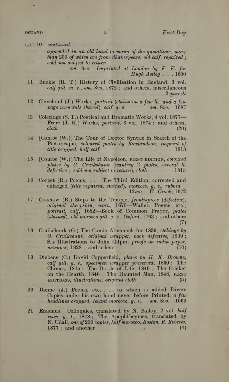 Lot 10—continued. appended in an old hand to many of the quotations, more than 200 of which are from Shakespeare, old calf, repaired ; sold not subject to return sm. 8vo. Imprinted at London by F. K. for Hugh Astley . . . 1600 11 Buckle (H. T.) History of Civilization in England, 3 vol. calf gilt, m. e., sm. 8vo, 1872 ; and others, miscellaneous 2 parcels 12 Cleveland (J.) Works, portrait (stains on a few ll., and a few page numerals shaved), calf, g. e. sm. 8vo. 1687 13 Coleridge (8S. T.) Poetical and Dramatic Works, 4 vol. 1877— . Frere (J. H.) Works, portrait, 3 vol. 1874; and others, cloth (20) 14 [Combe (W.)] The Tour of Doctor Syntax in Search of the Picturesque, coloured plates by Rowlandson, imprint of title cropped, half calf 1813 15 [Combe (W.)] The Life of Napoleon, FIRST EDITION, coloured plates by G. Cruikshank (wanting 2 plates, several Il. defective ; sold not subject to return), cloth 1815 16 Corbet (R.) Poems, . . . The Third Edition, corrected and enlarged (title repaired, stained), morocco, g. e., rubbed 12mo. W. Crook, 1672 17 Crashaw (R.) Steps to the Temple, frontispiece (defective), original sheepskin, worn, 1670—Waller. Poems, etc., portrait, calf, 1682—Book of Common Prayer, plates (stained), old morocco gilt, g. e., Oxford, 1763 ; and others (7) 18 Cruikshank (G.) The Comic Almanack for 1839, etchings by G. Cruikshank, original wrapper, back defective, 1839 ; Six Illustrations to John Gilpin, proofs on india paper, wrapper, 1828; and others (10 19 Dickens (C.) David Copperfield, plates by H. K. Browne, calf gilt, g. t., specimen wrapper preserved, 1850; The Chimes, 1845; The Battle of Life, 1846; The Cricket on the Hearth, 1846; The Haunted Man, 1848, FIRST EDITIONS, tlustrations, original cloth (5) 20 Donne (J.) Poems, etc. ...to which is added Divers Copies under his own hand never before Printed, a few headlines cropped, levant morocco, g. e. sm. 8vo. 1669 21 Erasmus. Colloquies, translated by N. Bailey, 2 vol. half roan, g. t., 1878; The Apophthegmes, translated by N. Udall, one of 250 copies, half morocco, Boston, R. Roberts, 1877 ; and another : (4)