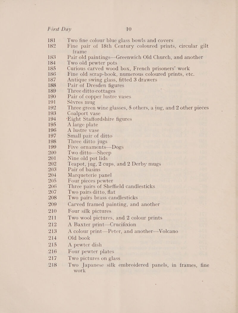 181 182 183 184 185 186 187 188 189 190 191 192 193 194 195 196 197 198 199 200 201 202 203 204 205 206 207 208 209 210 211 212 213 214 215 216 217 218 Two fine colour blue glass bowls and covers Fine pair of 18th Century coloured prints, circular gilt frame Pair old paintings—Greenwich Old Church, and another Two oid pewter pots Curious carved wood box, French prisoners’ work Fine old scrap-book, numerous coloured prints, etc. Antique swing glass, fitted 3 drawers Pair of Dresden figures Three ditto cottages Pair of copper lustre vases Sévres mug Three green wine glasses, 5 others, a jug, and 2 other pieces Coalport vase  A large plate A lustre vase Small pair of ditto Three ditto jugs Five ornaments—Dogs Two ditto—-Sheep Nine old pot lids Teapot, jug, 2 cups, and 2 Derby mugs Pair of basins Marqueterie panel Four pieces pewter Three pairs of Sheffield candlesticks Two pairs ditto, flat Two pairs brass candlesticks Carved framed painting, and another Four silk pictures Two wool pictures, and 2 colour prints A Baxter print—Crucifixion A colour print—Peter, and another—Volcano Old book A pewter dish Four pewter plates Two pictures on glass Two Japanese silk embroidered panels, in frames, fine work