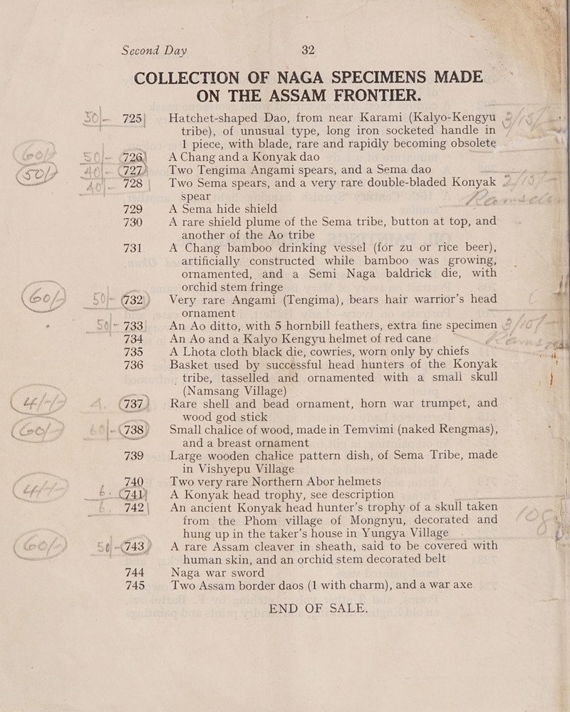 725) 726) 728 729 730 731 734 735 736 739 740 742 | 744 745 ON THE ASSAM FRONTIER. 1 piece, with blade, rare and rapidly becoming obsolete A Chang and a Konyak dao Two Tengima Angami spears, and a Sema dao spear J A Sema hide shield os A rare shield plume of the Sema tribe, button at top, ne another of the Ao tribe A Chang bamboo drinking vessel (for zu or rice beer), artificially constructed while bamboo was growing, ornamented, and a Semi Naga baldrick die, with orchid stem fringe Very rare Angami (Tengima), bears hair warrior’s head ornament An Ao and a Kalyo Kengyu helmet of red cane A Lhota cloth black die, cowries, worn only by chiefs Basket used by successful head hunters of the Konyak tribe, tasselled and ornamented with a small skull  (Namsang Village) Rare shell and bead ornament, horn war trumpet, and wood god stick Small chalice of wood, made in Temvimi (naked Rengmas), and a breast ornament Large wooden chalice pattern dish, of Sema Tribe, made in Vishyepu Village Two very rare Northern Abor helmets A Konyak head trophy, see description An ancient Konyak head hunter’s trophy of a skull taken from the Phom village of Mongnyu, decorated and hung up in the taker’s house in Yungya Village A rare Assam cleaver in sheath, said to be covered with human skin, and an orchid stem decorated belt Naga war sword Two Assam border daos (1 with charm), and a war axe FOND), OF SA To Sy ome 