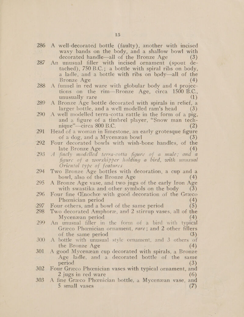 286 287 288 15 A well-decorated bottle (faulty), another with incised wavy bands on the body, and a shallow bowl with decorated handle—all of the Bronze Age (3) An unusual filler with incised ornament (spout de- tached), 750 B.C.; a bottle with spiral ribs on body, a ladle, and a bottle with ribs on body—all of the Bronze Age (4) A funnel in red ware with globular body and 4 projec- tions on the rim—Bronze Age, circa 1500 B.C., unusually rare (1) A Bronze Age bottle decorated with spirals in relief, a larger bottle, and a well modelled ram’s head (3) A well modelled terra-cotta rattle in the form of a pig, and a figure of a timbrel player, “Snow man tech- nique’—circa 800 B.C. (2) of a dog, and a Mycenzan bowl Four decorated bowls with wish-bone handles, of the late Bronze Age (4) A finely modelled terra-cotta figure of a mule; and a figure of a worshipper holding a bird, with unusual Oriental type of features Two Bronze Age bottles with decoration, a cup and a bowl, also of the Bronze Age (4) A Bronze Age vase, and two jugs of the early Iron Age with swastika and other symbols on the body (3) Four fine Gtnochce with good decoration of the Grzeco Phoenician period Four others, and a bowl of the same period (5) Two decorated Amphore, and 2 stirrup vases, all of the Mycenzan period (4) | An unusual filler in- the form of a bird with typical Greco Pheenician ornament, rare; and 2 other fillers of the same period (3) A bottle with unusual: style ornament, and 3 others of the Bronze Age (4) A good Mycenzan cup decorated aa spirals, a Bronze Age ladle, and a decorated bottle of the same period (3) Four Greco Phoenician vases with typical ornament, and 2 jugs in red ware (6) A fine Graco Pheenician bottle, a Mycenzean vase, and