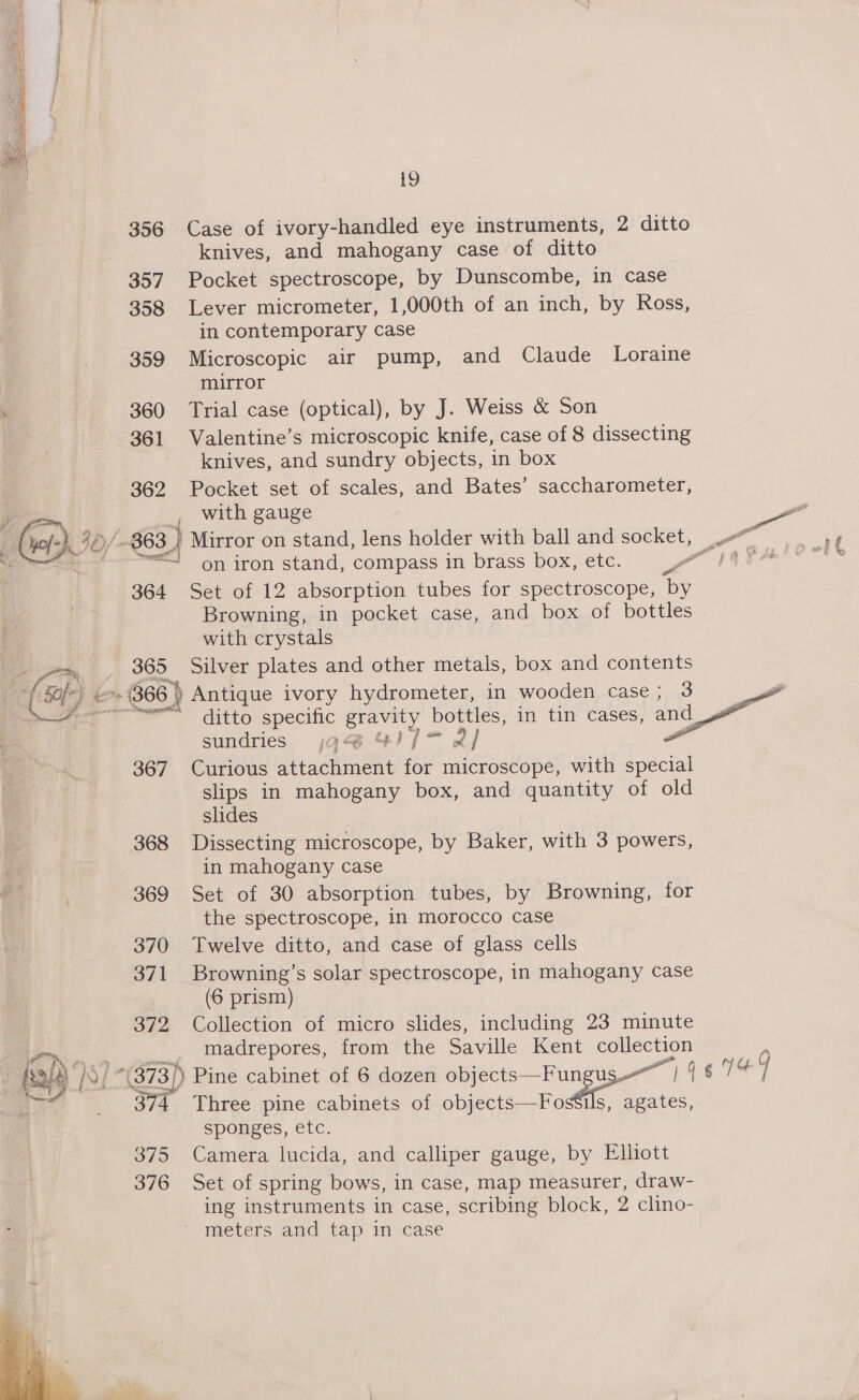  19 356 Case of ivory-handled eye instruments, 2 ditto knives, and mahogany case of ditto 357 Pocket spectroscope, by Dunscombe, in case 358 Lever micrometer, 1,000th of an inch, by Ross, in contemporary case 359 Microscopic air pump, and Claude Loraine mirror 360 Trial case (optical), by J. Weiss &amp; Son 361 Valentine’s microscopic knife, case of 8 dissecting knives, and sundry objects, in box 362 Pocket set of scales, and Bates’ saccharometer, a 4 with gauge — 40) 863, i Mirror on stand, lens holder with ball and socket, J” ie “= on iron stand, compass in brass box, etc. oer” pa ¥ Ale wes 364 Set of 12 absorption tubes for spectroscope, by Browning, in pocket case, and box of bottles with crystals 365 Silver plates and other metals, box and contents  ditto pees Bae bottles, in tin cases, and sundries jq&lt;@ 4I/ 2] 367 Curious abtacn tne for mmreruscope, with special slips in mahogany box, and quantity of old slides 368 Dissecting microscope, by Baker, with 3 powers, in mahogany case 369 Set of 30 absorption tubes, by Browning, for the spectroscope, in morocco case 370 Twelve ditto, and case of glass cells 371 Browning’s solar spectroscope, in mahogany case (6 prism) 372 Collection of micro slides, including 23 minute _ madrepores, from the Saville Kent collection ae 373 3) Pine cabinet of 6 dozen objects—Fungus. me OS | ‘374 Three pine cabinets of Shits Tole agates, Sponges, exc. 375 Camera lucida, and calliper gauge, by Elliott 376 Set of spring bows, in case, map measurer, draw- ing instruments in case, scribing block, 2 clino- meters and tap in case