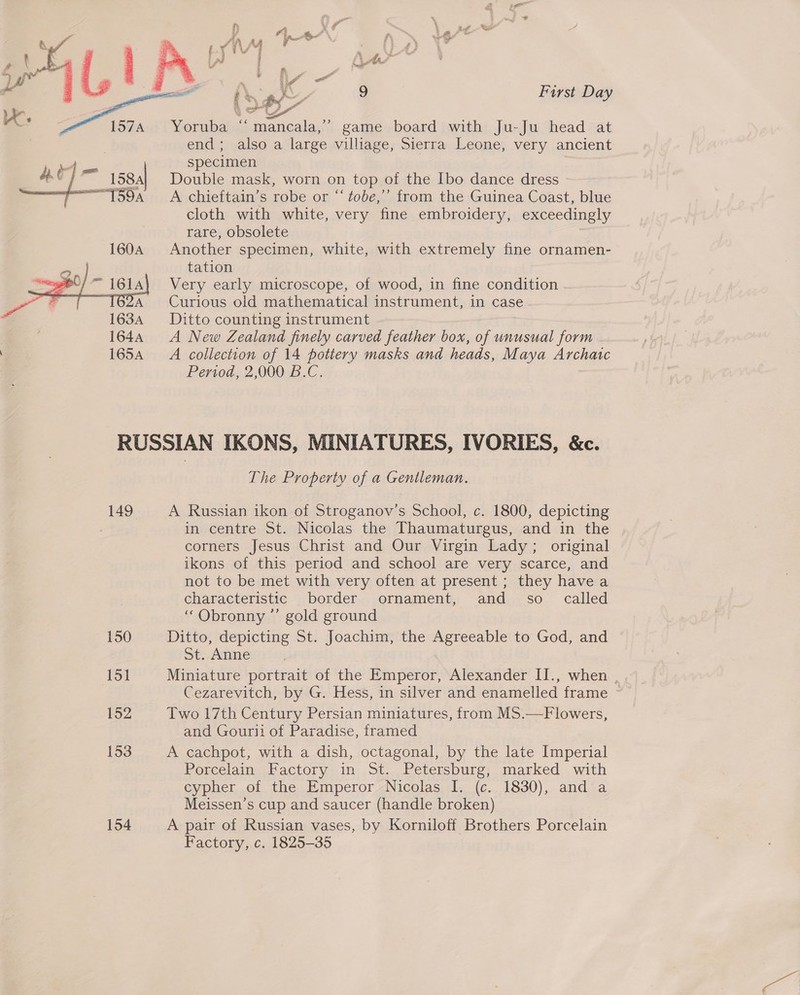  % a ae ; Yorwbal: eae game board with Ju-Ju head at end; alsoa large villiage, Sierra Leone, very ancient specimen Double mask, worn on top of the Ibo dance dress A chieftain’s robe or “‘ tobe,’ from the Guinea Coast, blue cloth with white, very fine embroidery, exceedingly rare, obsolete Another specimen, white, with extremely fine ornamen- tation Very early microscope, of wood, in fine condition Curious old mathematical instrument, in case Ditto counting instrument A New Zealand finely carved feather box, of dee form A collection of 14 pottery masks and heads, Maya Archaic Period, 2,000 B.C.  RUSSIAN IKONS, MINIATURES, IVORIES, &amp;c. The Property of a Gentleman. 149 A Russian ikon of Stroganov’s School, c. 1800, depicting . in centre St. Nicolas the Thaumaturgus, and in the corners Jesus Christ and Our Virgin Lady; original ikons of this period and school are very scarce, and not to be met with very often at present; they have a characteristic border ornament, and so. called ‘Obronny ” gold ground 150 Ditto, depicting St. Joachim, the Agreeable to God, and St. Anne 151 Miniature portrait of the Emperor, Alexander II., when , Cezarevitch, by G. Hess, in silver and enamelled frame 152 Two 17th Century Persian miniatures, from MS.—F lowers, and Gourii of Paradise, framed {53 A cachpot, with a dish, octagonal, by the late Imperial Porcelain Factory in St. Petersburg, marked with cypher of the Emperor Nicolas I. (c. 1830), and a Meissen’s cup and saucer (handle broken) 154 A pair of Russian vases, by Korniloff Brothers Porcelain Factory, c. 1825-35