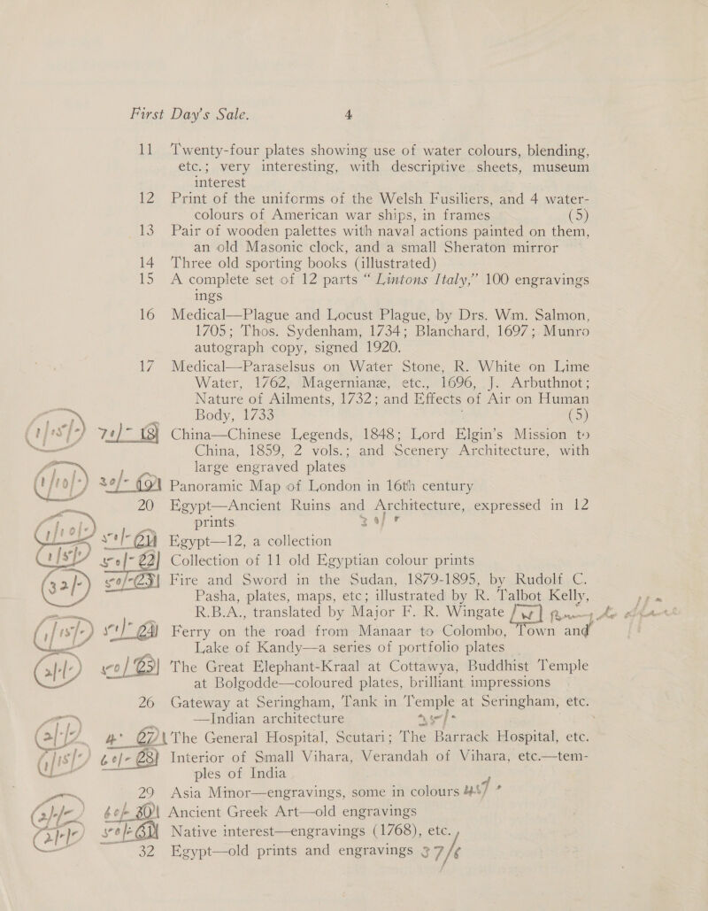 11 ‘Twenty-four plates showing use of water colours, blending, etc.; very interesting, with descriptive sheets, museum interest 12 Print of the uniforms of the Welsh Fusiliers, and 4 water- colours of American war ships, in frames 5) 13 Pair of wooden palettes with naval actions painted on them, an old Masonic clock, and a small Sheraton mirror 14. Three old sporting books (illustrated) 15 &lt;A complete set of 12 parts “ Lintons Italy,’ 100 engravings ings 16 Medical—Plague and Locust Plague, by Drs. Wm. Salmon, 1705; Thos. Sydenham, 1734; Blanchard, 1697; Munro autograph copy, signed 1920. 17 Medical—Paraselsus on Water Stone, R. White: on Lime Water, 1762, Magerniane, etc., 1696, J. Arbuthnot; Nature of Ailments, 1732; and Effects of Air on Human wl Body, 1733 (5) China—Chinese Legends, 1848; Lord jee Mission to Chima, 1559, 2: vols). aad Scenery Architecture, with large engraved plates 491 Panoramic Map of London in 16th century Egypt—Ancient Ruins and Architecture, expressed in 12 prints za/r Egypt—12, a collection Collection of 11 old Egyptian colour prints Fire and Sword in the Sudan, 1879-1895, by Rudolf C. Pasha, plates, maps, etc; illustrated by R. albert Kelly, IK. By A translated by Major F. R. Wingate / Lake of Kandy—a series of portfolio plates The Great Elephant-Kraal at Cottawya, Buddhist ‘Temple at Bolgodde—coloured plates, brilliant impressions Gateway at Seringham, Tank in Temple at Seringham, etc. —lndian architecture “ se] +   Cra A’ + OD {The General Hospital, Scutari; The Barrack Hospital ete: fh jis{s 6 ej- G8) Interior of Small Vihara, Verandah of Vihara, etc.—tem- a ples of India iF Pon 29 Asia Minor—engravings, some in colours 4%/ * (2, fA. he ZO Ancient Greek Art—old engravings Cuz . sro f- - 6D Native interest—engravings (1768), etc. ¥ — 32 Egypt—old prints and engravings 37 7/6