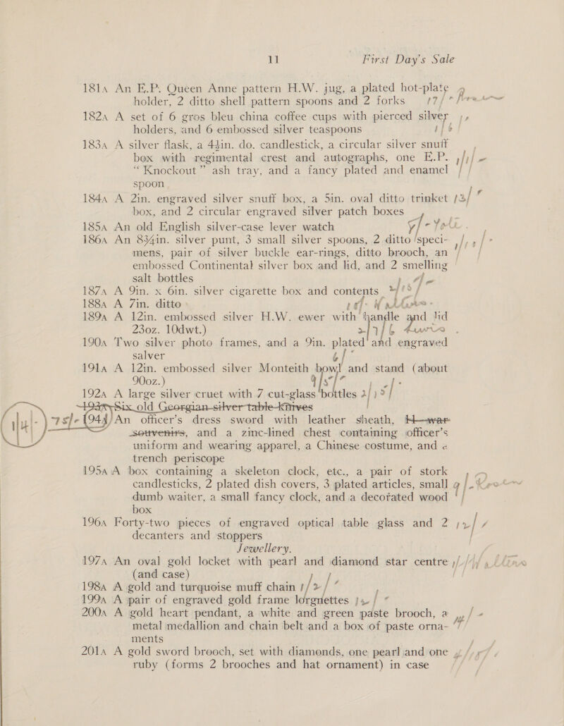 —————— CC CTT 181A 182A 1834  An E.P. Queen Anne pattern H.W. jug, a plated hot-plate A set of 6 gros bleu china coffee cups with pierced silver A silver flask, a 44in. do. candlestick, a circular silver snutt bex with regimental crest and ‘autographs, one ip F. “Knockout” ash tray, and a fancy plated and enamel spoon An old English silver-case lever watch yf re. An 834in. silver punt, 3 small silver spoons, 2 ditto /speci- embossed Continenta} silver box and lid...and..2 smelling salt bottles } Ae A Qin. x 6in. silver cigarette box and contents | a “ A 7in. ditto » Fi | yA k. he A 12in. embossed silver H.W. ewer with | aid pes. at 230z. 10dwt.) KAMA Two silver photo frames, and a Qin. plated x * engraved salver of A 12in. embossed silver Monteith own and stand oY ee 900z.) y [sf , A large silver cruet with 7 cut-glass bottles 2/ f} fe &lt; oid e-Kiitves  -souvenrs, and a zinc-lined chest contaming officer’s uniform and wearing apparel, a Chinese costume, and « trench periscope dumb waiter, a small fancy clock, anda decotated wood ! box j decanters and stoppers Jewellery. 1984 199 2004 201A (and case) / A gold and turquoise muff chain //2/ “ A pair of engraved gold frame lorgnettes jx / ” A gold heart pendant, a white and green paste brooch, metal medallion and chain belt and a box of paste orna- ments ruby (forms 2 brooches and hat ornament) in case