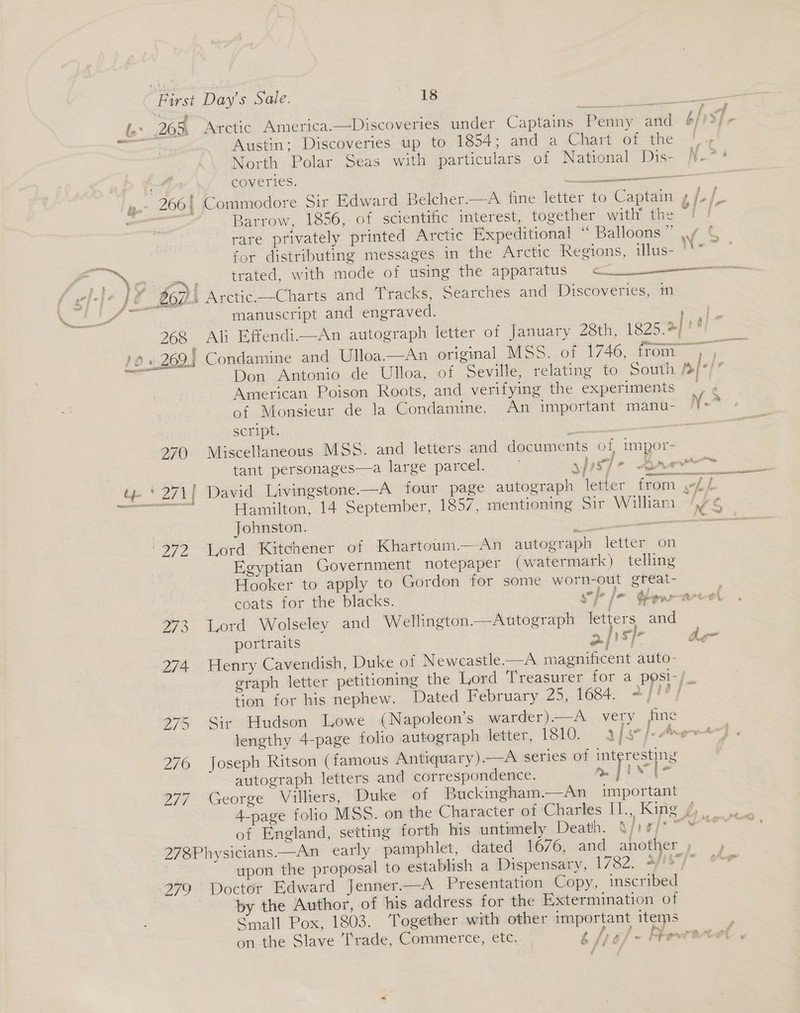 Waser yrrer es ~ First Day’s Sale. 18 (.° 265. wrctic America.—Discoveries under Captains Penny and North Polar Seas with particulars of National Dis- /¥-* coveries. poh aki ae Barrow, 1856, of scientific interest, together with’ the rare ptivately printed Arctic Expeditional “ Balloons ” for distributing messages in the Arctic Regions, illus- manuscript and engraved. hi 6 » 269) Condamine and Ulloa—An original MSS. of 1746, tron. American Poison Roots, and verifying the experiments script. a | 270. Miscellaneous MSS. and letters and documents of impor- tant personages—a large parcel. xfs] Aa aaeeeneie £ Johnston. SS Leah -272 Lord Kitchener of Khartoum.—&lt;An autograph letter on Egyptian Government notepaper (watermark) telling Hooker to apply to Gordon for some worn-out gteat- coats for the blacks. wh [&gt; tera 273 Lord Wolseley and Wellington—Autograph letters and portraits ./! s}r den 274 Henry Cavendish, Duke of Newcastle.—A magnificent auto- graph letter petitioning the Lord Treasurer for 4 ppsi-/. tion for his nephew. Dated February 25, 1684. +//*/ 275 Sir Hudson Lowe (Napoleon's warder).—A very ine 276 Joseph Ritson (famous Antiquary).—A series of interesting autograph letters and correspondence. — mm pI“ te 277. George Villiers, Duke of Buckingham.—An important 4-page folio MSS. on the Character of ‘Charles I1., Kifig J, of England, setting forth his untimely Death. afrofs ~ 278Physicians.—An_ early pamphlet, dated 1676, and another , upon the proposal to establish a Dispensary, 1782. +//$/° 279 Doctor Edward Jenner.—A Presentation Copy, inscribed | by the Author, of his address for the Extermination of Small Pox, 1803. ‘Together with other important items on the Slave Trade, Commerce, etc. bf