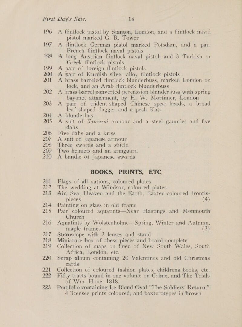 196 197 198 A flintlock pistol by Stanton, Ijondon, and a fintlock naval pistol marked G. R. tower A flintlock German pistol marked Potsdam, and a pair French flinthock naval pistols _ | A long Austrian flintlock naval pistol, and 3 Turkish or Greek flintlock pistols A pair of foreign flintlock pistols A pait of Kurdish silver alloy flintlock pistols A brass barreled flintlock blunderbuss, marked London on lock, and an Arab flintlock blunderbuss A brass barrel converted percussion blunderbuss with spring bayonet attachment, by H. W. Mortimer, London A pair of trident-shaped Chinese spear-heads, a broad leaf-shaped dagger and a ‘pesh Katz A. blunderbus A suit of Samurat armour and a steel gauntlet and five dahs Five dahs and a kriss A suit of Japanese armour Three swords and a shield Two helmets and an armguard A bundle of Japanese swords BOOKS, PRINTS, ETC. Flags of all nations, coloured plates The wedding at Windsor, coloured plates Air, Sea, Heaven and the Earth, Baxter coloured frontis- pieces (4) Painting on glass in old frame | Pair coloured aquatints—Near Hastings and Monmouth Church Aquatints by Wolstenholme—sSpring, Winter and Autumn, maple frames (3) Steroscope with 3 lenses and stand Miniature box of chess pieces and board complete Collection of maps on linen of New South Wales, South Africa, London, etc. Serap album containing 20 Valentines and old Christmas cards Collection of coloured fashion plates, childrens books, etc. Fifty tracts bound in one volume on Crime, and. The Trials of Wm. Hone, 1818 Portfolio containing Le Blond Oval “The Soldiers’ Return,” 4 licensee prints coloured, and baxterotypes in brown