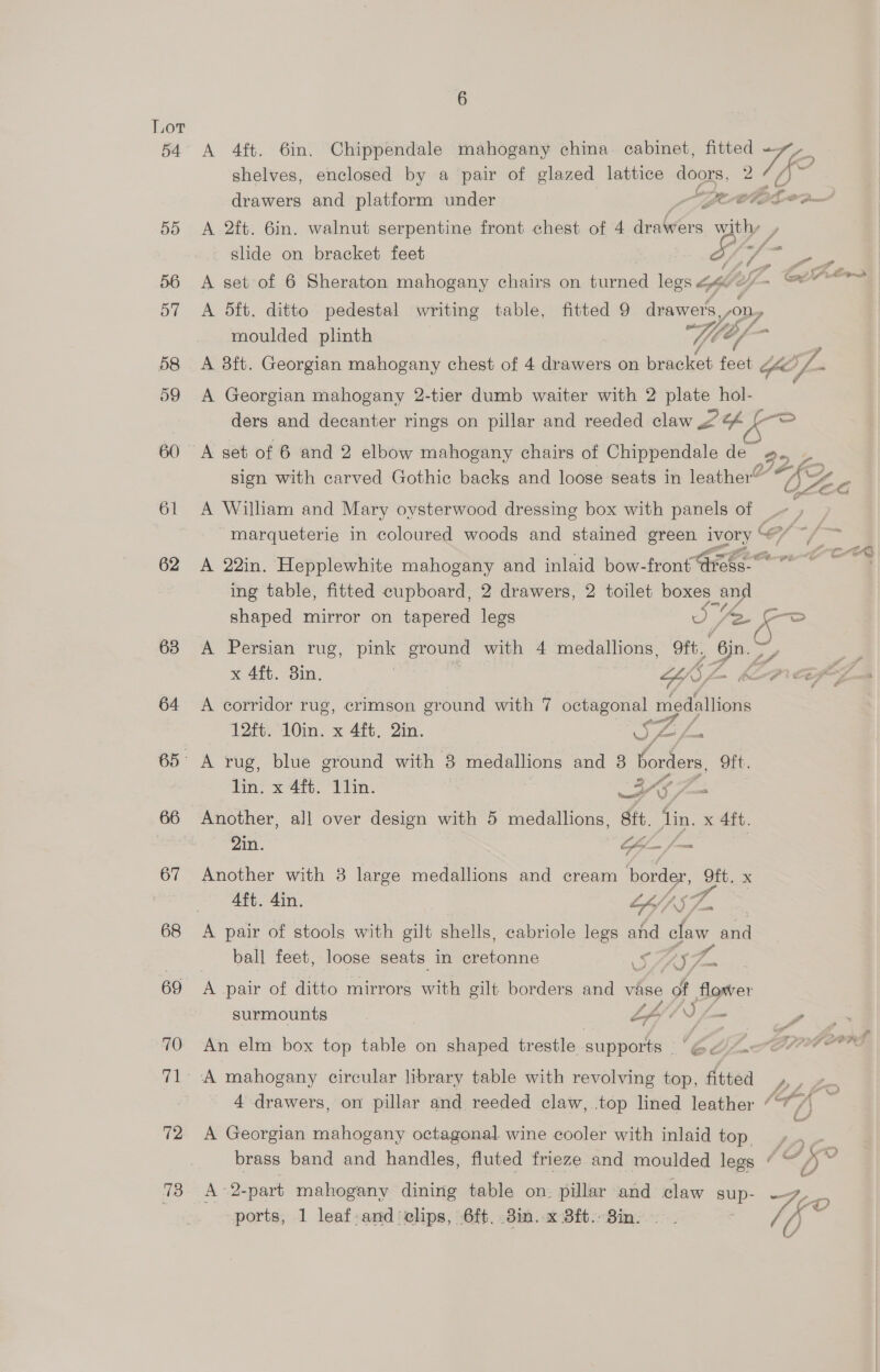 54 72 fee 6 A 4ft. 6in. Chippendale mahogany china cabinet, fitted Tf shelves, enclosed by a pair of glazed lattice doors, drawers and platform under A 2ft. 6in. walnut serpentine front chest of 4 aeabtora. 37 ‘thy , slide on bracket feet y en A set of 6 Sheraton mahogany chairs on turned legs 4 fe. ff. ee? A 5ft. ditto pedestal writing table, fitted 9 drawers on» moulded plinth We, bf A 8ft. Georgian mahogany chest of 4 drawers on bracket ag fe, re A Georgian mahogany 2-tier dumb waiter with 2 ne? hol- ders and decanter rings on pillar and reeded claw 2 [> A get of 6 and 2 elbow mahogany chairs of Chippendale de B95 o sign with carved Gothic backs and loose seats in leather“ GK A Wilham and Mary oysterwood dressing box with panels of marqueterie in coloured woods and stained green ivory “7 yrs “a at A 22in. Hepplewhite mahogany and inlaid bow-front ar | ing table, fitted cupboard, 2 drawers, 2 toilet boxes and shaped mirror on tapered legs 25 Ae > A Persian rug, pink ground with 4 medallions, 9ft. “in. oi x 4ft. 8in. fy ey KPI A corridor rug, crimson ground with 7 sina galt 12ft 10in. x 4ft. 2in. Oy hig Se A rug, blue eround with 8 medallions and 38 borders, 9it. lin. x 4ft. 1lin. Sy ge c Another, all over design with 5 medallions, 8ft. lin. es 2in. Go /— Another with 8 large medallions and cream border, Oft. x Aft. 4in. Xy AST. | A pair of stools with gilt shells, cabriole legs and claw. and ball feet, loose seats in Bichontia S77 A pair of ditto mirrors with gilt borders and wise of flower surmounts LAIN f-— St ta An elm box top table on shaped trestle supports = é U/l ae A D770 CARS, 4 drawers, on pillar and reeded claw, top lined leather (HY “ A Georgian mahogany octagonal wine cooler with inlaid top)», - brass band and handles, fluted frieze and moulded legs ed) ss wee Ae 2-part mahogany dining table on. pillar and claw ae ae