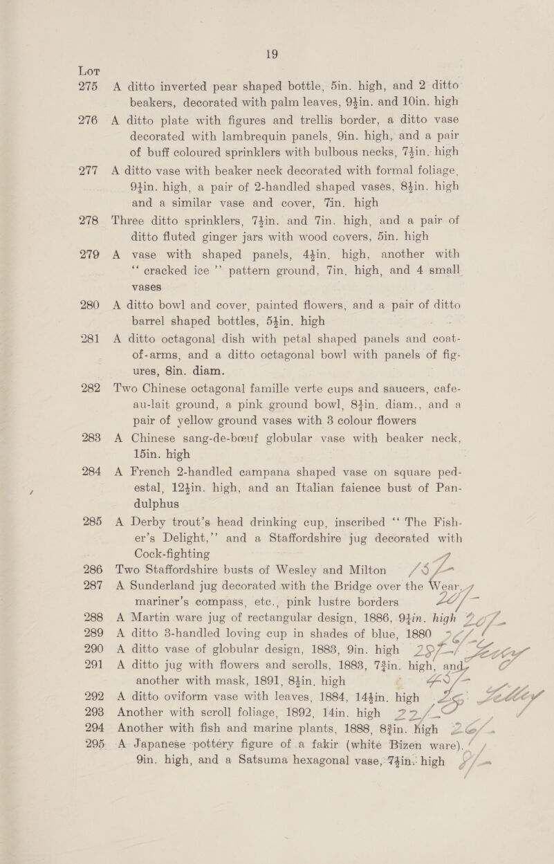Lot 275 &lt;A ditto inverted pear shaped bottle, 5in. high, and 2 ditto beakers, decorated with palm leaves, 94in. and 10in. high 276 &lt;A ditto plate with figures and trellis border, a ditto vase decorated with lambrequin panels, 9in. high, and a pair of buff coloured sprinklers with bulbous necks, 74in. high 277 A ditto vase with beaker neck decorated with formal foliage, 91in. high, a pair of 2-handled shaped vases, 84in. high and a similar vase and cover, Tin. high 278 Three ditto sprinklers, 74in. and Tin. high, and a pair of ditto fluted ginger jars with wood covers, 5in. high 279 A vase with shaped panels, 44in. high, another with ‘“‘eracked ice ’’ pattern ground, Tin, high, and 4 small. vases 280 A ditto bowl and cover, painted flowers, and a pair of ditto barrel shaped bottles, 54in. high 281 A ditto octagonal dish with petal shaped panels and coat- of-arms, and a ditto octagonal bowl with eee Of Je | ures, 8in. diam. 282 T'wo Chinese octagonal famille verte cups and saucers, cafe- au-lait ground, a pink ground bowl, 84in. diam., and a pair of yellow ground vases with 3 colour flowers 283 A Chinese sang-de-beuf globular vase with beaker neck, 15in. high . 284 A French 2-handled campana shaped vase on square ped- i estal, 124in. high, and an Italian faience bust of Pan- dulphus 285 A Derby trout’s head drinking cup, inscribed ‘‘ The Fish- er’s Delight,’’ and a Staffordshire jug decorated with Cock-fighting 2 Pr es 286 Two Staffordshire busts of Wesley and Milton /0 4 287 A Sunderland jug decorated with the Bridge over the Wear, mariner’s compass, etc., pink lustre borders Lo fe 288 &lt;A Martin ware jug of moeteme ice design, 1886, 94in. high Py, 289 A ditto 3-handled loving cup in shades of blue, 1880 LO. ( 290 A ditto vase of globular design, 1883, Qin. high 297-/ | S LF. 291 A ditto jug with flowers and scrolls, 1888, 73in. el and, another with mask, 1891, 84in. high 2 GX /- 292 A ditto oviform vase with ees: 1884, 144in. high pei ust 293 Another with scroll foliage, 1892, 14in. high 27./_— 294 Another with fish and marine wianin: 1888, S3in: ‘Kigh 2O/ 295. A Japanese pottery figure of a fakir (white Bizen ware), ’ / Yin. high, and a Satsuma hexagonal vase,’ 7#in.: high i /.