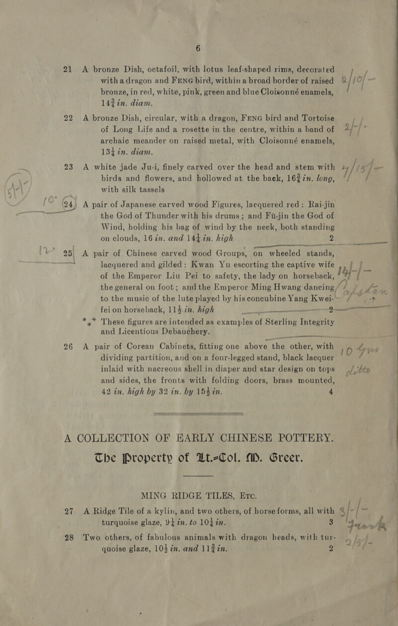 21 &lt;A bronze Dish, octafoil, with lotus leaf-shaped rims, decorated bronze, in red, white, pink, green and blue Cloisonné enamels, 14%7n. diam. 22 A bronze Dish, circular, with a dragon, FENG bird and Tortoise of Long Life and a rosette in the centre, within a band of archaic meander on raised metal, with Cloisonné enamels, 134in. diam. birds and flowers, and hollowed at the back, 1627n. long, with silk tassels 24) A pair of Japanese carved wood Figures, lacquered red: Rai-jin ca the God of Thunder with his drums; and Fa-jin the God of Wind, holding his bag of wind by the neck, both standing on clouds, 16 in. and 144 in. high 2 pe LATS 25, A pair of Chinese carved wood Groups, on wheeled Pane lacquered and gilded: Kwan Yu escorting the captive wife to the music of the lute played by his concubine Yang Kwei- feion horseback, 114.in. high pave aera 9 * * These figures are intended as examples of Sterling Integrity and Licentious Debauchery.  —— 26 &lt;A pair of Corean Cabinets, fitting one above the other, with dividing partition, and on a four-legged stand, black lacquer inlaid with nacreous shell in diaper and star design on tops and sides, the fronts with folding doors, brass mounted, 42 in. high by 32 in. by 154 in. 4 A COLLECTION OF EARLY CHINESE POTTERY. The Property of DZt.-Col. aM. Greer. MING RIDGE TILES, Etc. turquoise glaze, Yt in. to 104in. 28 Two others, of fabulous animals with dragon heads, with tur- quoise glaze, 104 zn. and 1l#in. 2 } f 0 yf 7 ple ttt 3 2 ~&lt; &gt; = [ a FS 