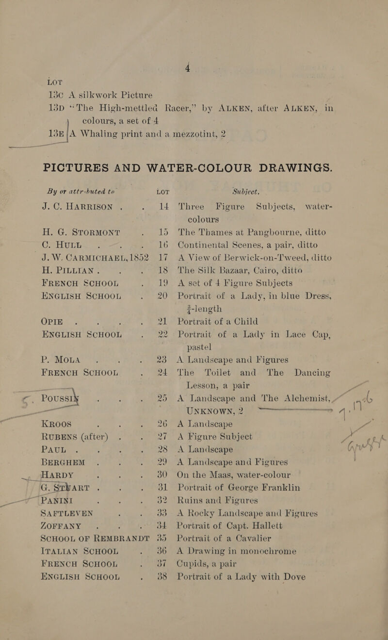 LOT lac A silkwork Picture 13D “The High-mettlea Racer,” by ALKEN, after ALKEN, in colours, a set of 4 158 |A Whaling print and a mezzotint, 2 PICTURES AND WATER-COLOUR DRAWINGS. By or attr-buted to LOT Subject. J.C. HARRISON . . 14 Three Figure Subjects, water- colours H. G. STORMONT . 15 The Thames at Pangbourne, ditto C. HULB ; : 16 Continental Scenes, a pair, ditto _ J.W., CARMICHAEL, 1852 17 A View of Berwick-on-Tweed, ditto i ee LDLAN . . 18 The Silk Bazaar, Cairo, ditto FRENCH SCHOOL . 19. A set of 4 Figure Subjects HNGLISH SCHOOL . 20 Portrait of a Lady, in blue Dregs, +-length OPTE . : . | 21. Portrait of a Child ENGLISH SCHOOL . 22+ Portrait of a Lady in Lace Cap, pastel PeMowsA: . 23 A Landscape and Figures FRENCH SCHOOL . #4. The “Poilet: ands The Dancing ? em Lesson, a pair xc. Poussty ‘ : . 20 <A Landscape and The Alchemist, Te UNKNOWN, eee KROOS : . 26 A Landscape RUBENS (after) . . 2¢ A Fignre Subject PAUL: : . 28 A Landscape BERGHEM . : eee Landscape and Figures _, HARDY : . 380 On the Maas, water-colour G. SrBaRT : . Ol Portrait of George Franklin a PANINI . 982 Ruins and Figures SAFTLEVEN . . 9383 A Rocky Landscape and Figures ZOFFANY .. ; . d4 Portrait of Capt. Hallett SCHOOL OF REMBRANDT 3) Portrait of a Cavalier ITALIAN SCHOOL . 006 A Drawing in monochrome FRENCH SCHOOL . of Cupids, a pair ENGLISH SCHOOL . 88 Portrait of a Lady with Dove