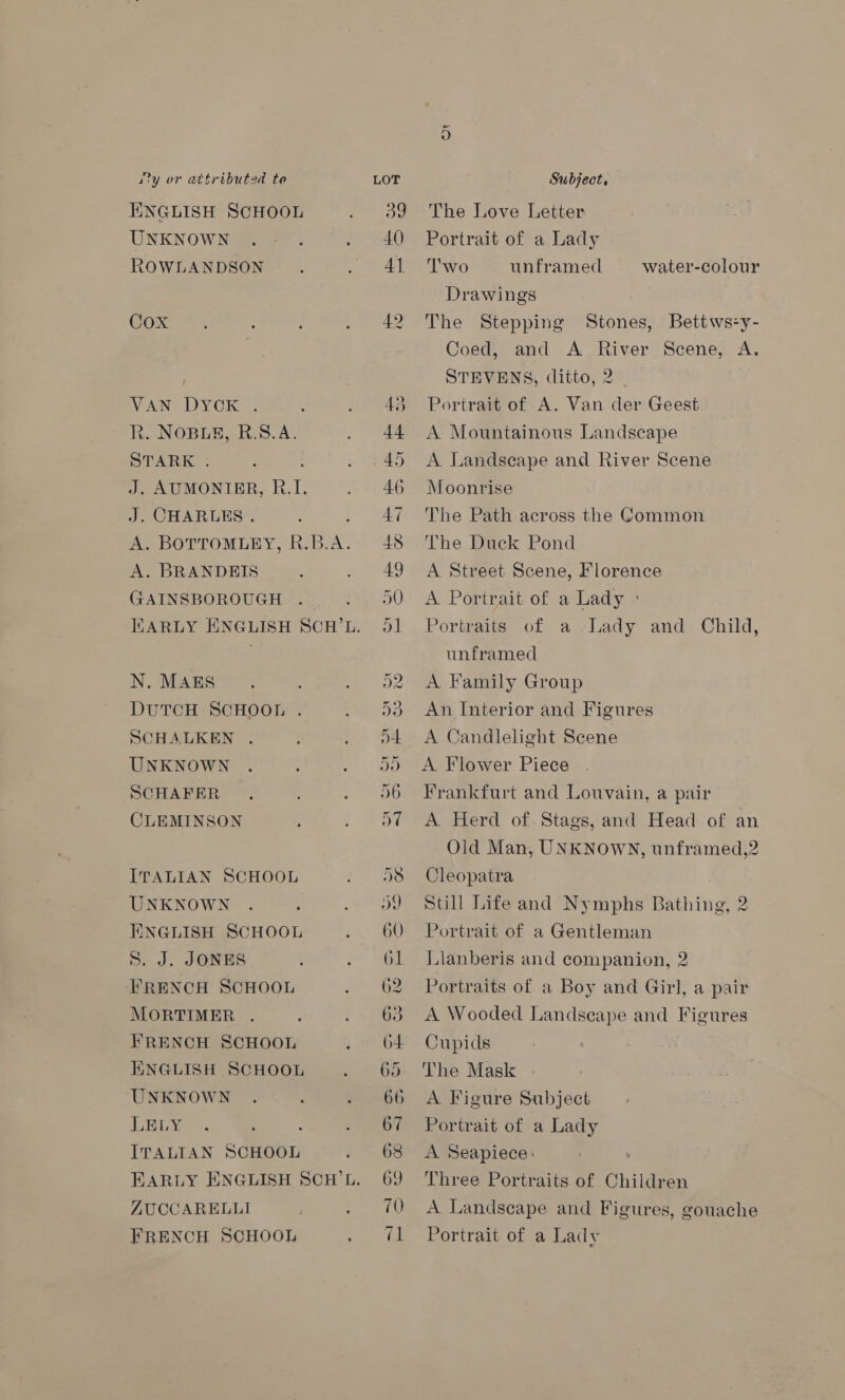i?y or attributed to ENGLISH SCHOOL UNKNOWN ROWLANDSON Cox VAN DYCK R. NOBLE, R.S.A. STARK . J. CHARLES . A. BRANDEIS GAINSBOROUGH N. MAES DUTCH SCHOOL : SCHALKEN UNKNOWN SCHAFER CLEMINSON ITALIAN SCHOOL UNKNOWN ENGLISH SCHOOL S. J. JONES FRENCH SCHOOL MORTIMER FRENCH SCHOOL ENGLISH SCHOOL UNKNOWN LLY. : : ITALIAN SCHOOL ZUCCARELLI FRENCH SCHOOL LOT ag 40) 4] Subject, The Love Letter Portrait of a Lady ‘T'wo unframed water-colour Drawings The Stepping Stones, Bettws-y- Coed, and A River Scene, A. STEVENS, ditto, 2 Portrait of A. Van der Geest A Mountainous Landscape A Landscape and River Scene Moonrise The Path across the Common The Duck Pond A Street Scene, Florence A Portrait of a Lady ° Portraits of a Lady and Child, unframed A Family Group An Interior and Figures A Candlelight Scene A Flower Piece Frankfurt and Louvain, a pair A Herd of Stags, and Head of an Old Man, UNKNOWN, unframed,2 Cleopatra Still Life and Nymphs Bathing, 2 Portrait of a Gentleman Llanberis and companion, 2 Portraits of a Boy and Girl, a pair A Wooded Landseape and Figures Cupids . The Mask A Figure Subject Portrait of a Lady A Seapiece: Three Portraits of Children A Landscape and Figures, gouache Portrait of a Lady
