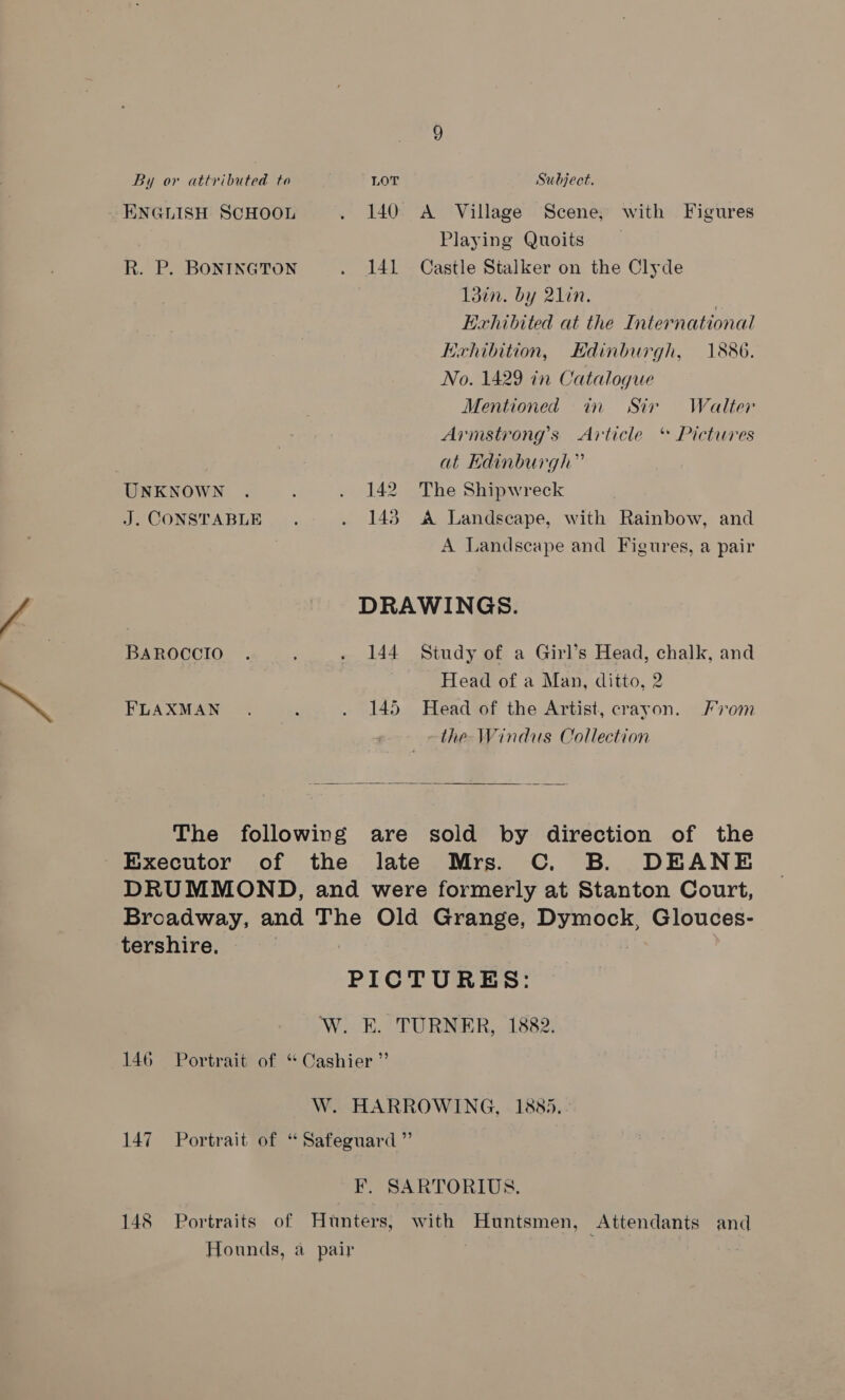 ENGLISH SCHOOL . 140 A Village Scene, with Figures Playing Quoits R. P. BONINGTON . 141 Castle Stalker on the Clyde 13in. by 21in. | Exhibited at the International wrhibition, KHdinburgh, 1886. No. 1429 in Catalogue Mentioned in Sir Walter Armstrong's Article ‘ Pictures at Kdinburgh” UNKNOWN . : . 142 The Shipwreck J. CONSTABLE. . 143 A Landscape, with Rainbow, and | A Landscape and Figures, a pair DRAWINGS. BAROCCIO . ; . 144 Study of a Girl’s Head, chalk, and Head of a Man, ditto, 2 FLAXMAN . , . 145 Head of the Artist, crayon. From the Windus Collection  The following are sold by direction of the Executor of the late Mrs. Cc. B. DEANE DRUMMOND, and were formerly at Stanton Court, Broadway, and The Old Grange, Dymock, Glouces- tershire. : | PICTURES: W. E. TURNER, 1882. 146 Portrait of “ Cashier ”’ W. HARROWING, 1885. 147 Portrait of “Safeguard ” F. SARTORIUS. 148 Portraits of Hunters, with Huntsmen, Attendants and Hounds, a pair