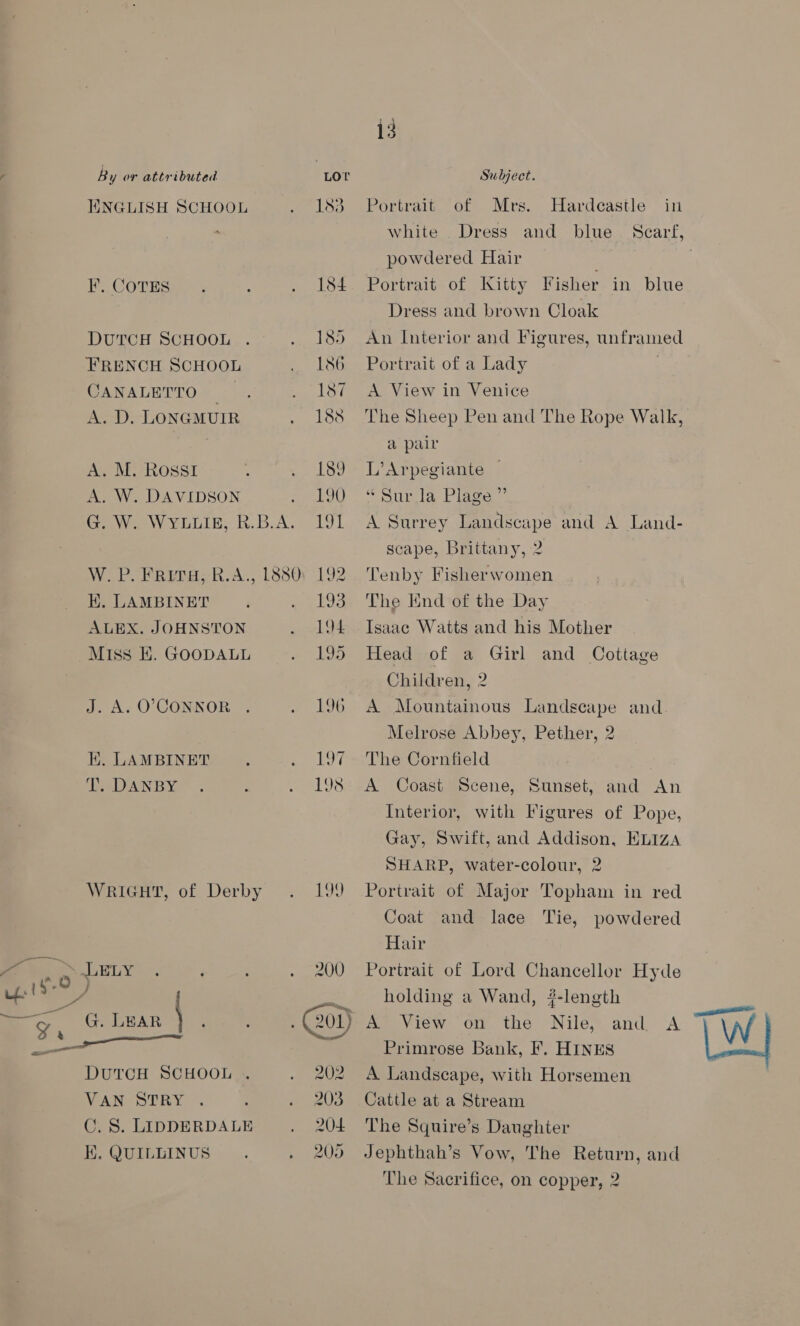 By or attributed HNGLISH SCHOOL F. COTES 184 DUTCH SCHOOL 185 FRENCH SCHOOL 186 CANALETTO 187 A. D,. LONGMUIR 188 A. M. ROSSI L189 A. W. DAVIDSON 190 Go Wee WYLIE, KR.B.A. 191 Wo POFREPHSR.A., Losoy 192 E. LAMBINET 193 ALEX. JOHNSTON 194 Miss E. GOODALL 195 J. A. O’CONNOR 196 K. LAMBINET ES? T. DANBY 198 WRIGHT, of Derby 199 e. » LELY . 200 Rib hs diy, Le 2 a ~, =. G. LEAR ; C201) DUTCH SCHOOL AME VAN STRY 206 CG. 8S. LIDDERDALE 204 EK. QUILLINUS 200 Subject. of Mrs. Hardcastle in Dress and blue powdered Hair . Portrait of Kitty Fisher in blue Dress and brown Cloak Portrait white An Interior and Figures, unframed Portrait of a Lady A View in Venice The Sheep Pen and The Rope Walk, a pair L’Arpegiante * Sur la Plage ” A Surrey Landscape and A Land- scape, Brittany, 2 Tenby Fisherwomen The Knd of the Day Isaac Watts and his Mother Head of a Girl and Cottage Children, 2 A Mountainous Landscape and Melrose Abbey, Pether, 2 The Cornfield A Coast Scene, Sunset, and An Interior, with Figures of Pope, Gay, Swift, and Addison, HLIZA SHARP, water-colour, 2 Portrait of Major Topham in red Coat and lace Tie, powdered Hair Portrait of Lord Chancellor Hyde holding a Wand, #-length A~ View on the Nile, and A Primrose Bank, F. HINES A Landscape, with Horsemen Cattle at a Stream The Squire’s Daughter Jephthah’s Vow, The Return, and The Sacrifice, on copper, 2