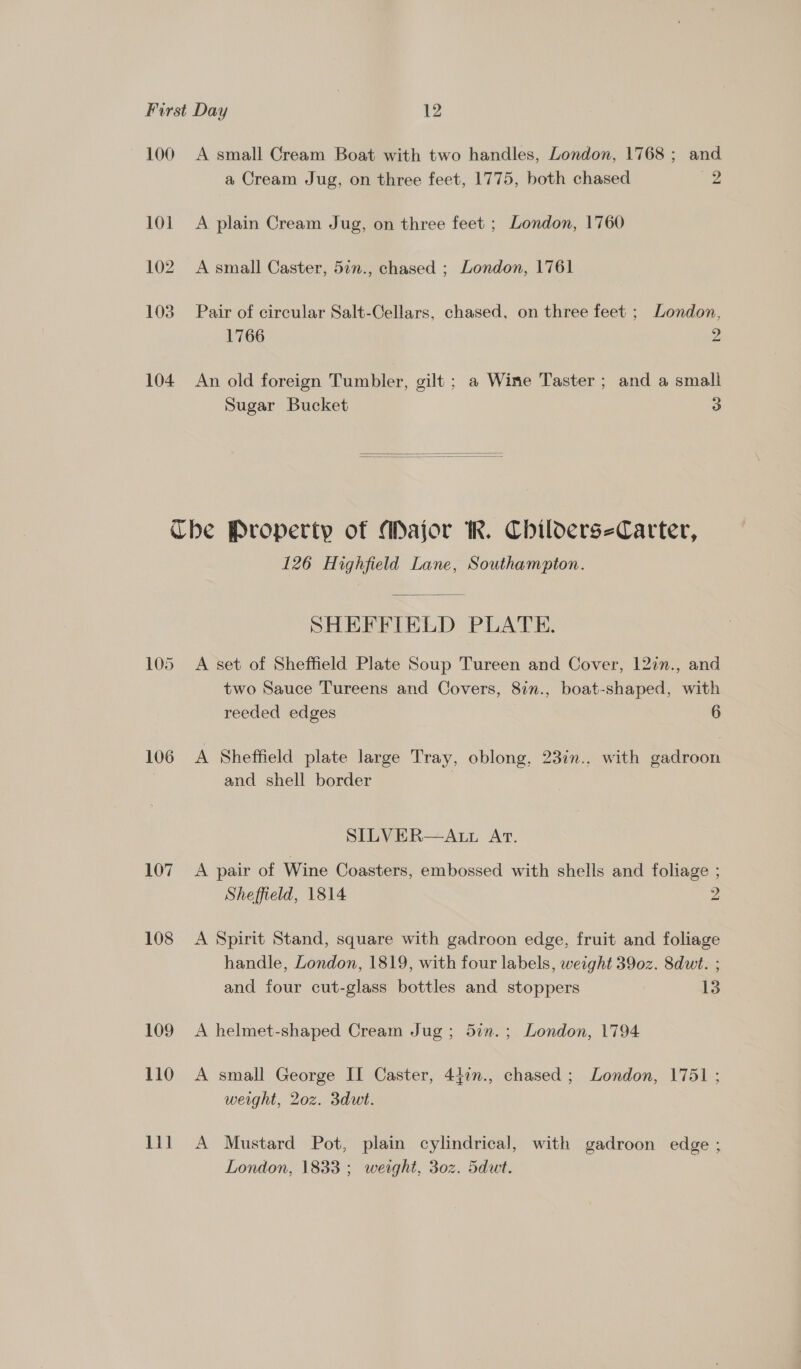100 A small Cream Boat with two handles, London, 1768; and a Cream Jug, on three feet, 1775, both chased 2 101 A plain Cream Jug, on three feet ; London, 1760 102. A small Caster, 5in., chased ; London, 1761 103 Pair of circular Salt-Cellars, chased, on three feet ; London, 1766 Hs 104 An old foreign Tumbler, gilt ; a Wine Taster; and a small Sugar Bucket 3   The Property of Major IR. Childers-Carter, 126 Highfield Lane, Southampton. SHEFFIELD PLATE. 105 A set of Sheffield Plate Soup Tureen and Cover, 127n., and two Sauce Tureens and Covers, 8in., boat-shaped, with reeded edges 6 106 A Sheffield plate large Tray, oblong, 23in.. with gadroon and shell border SILVER—AttL Ar. 107. A pair of Wine Coasters, embossed with shells and foliage ; Sheffield, 1814 2 108 A Spirit Stand, square with gadroon edge, fruit and foliage handle, London, 1819, with four labels, weight 39oz. 8dut. ; and four cut-glass bottles and stoppers 13 109 A helmet-shaped Cream Jug; 5in.; London, 1794 110 A small George IL Caster, 442n., chased; London, 1751 ; weight, 20z. 3dut. 111 A Mustard Pot, plain cylindrical, with gadroon edge ; London, 1833 ; weight, 30z. 5dwt.