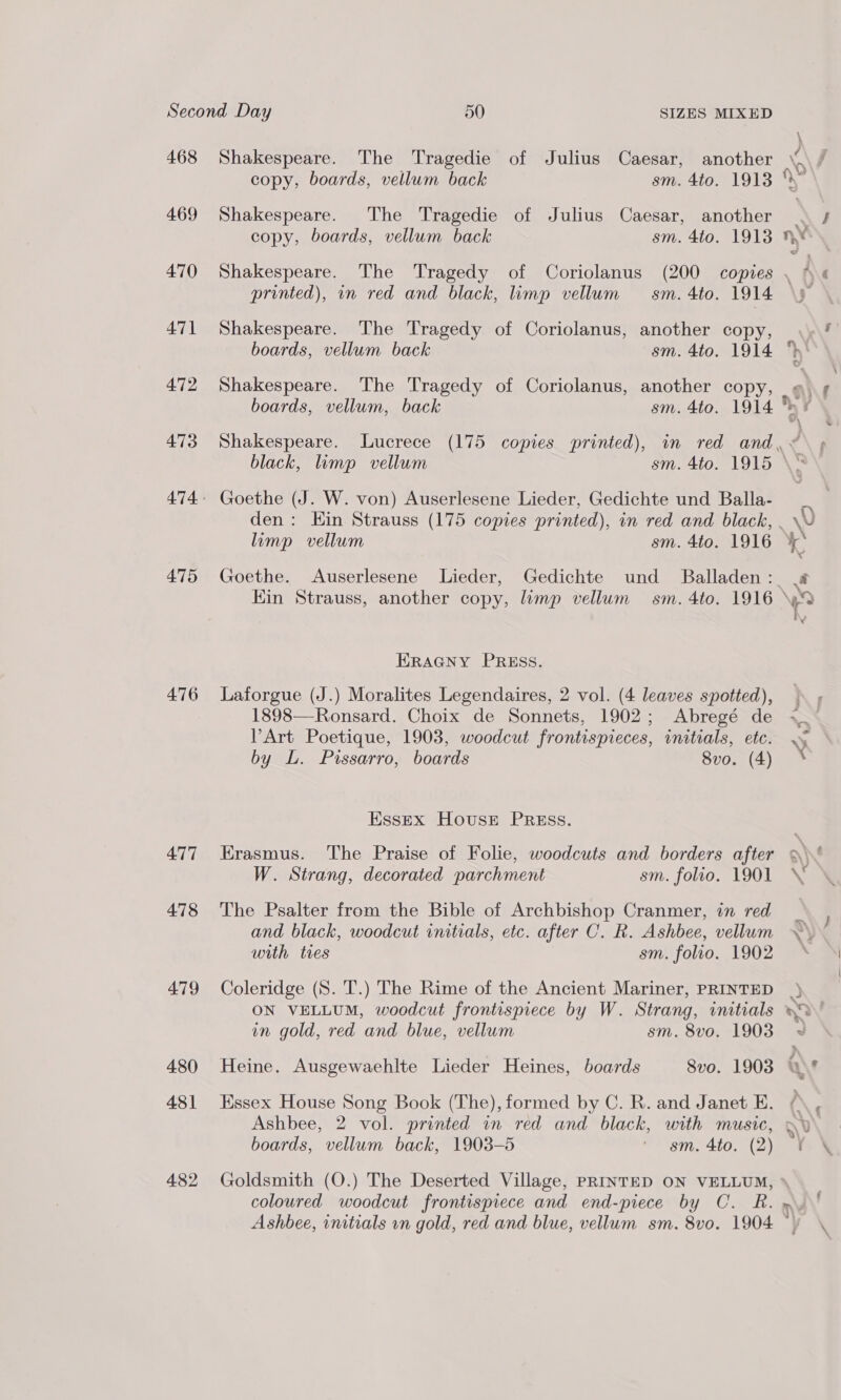 468 469 470 471 472 473 475 476 477 478 479 480 48] 482 Shakespeare. The Tragedie of Julius Caesar, another copy, boards, vellum back sm. 4to. 1913 Shakespeare. The Tragedie of Julius Caesar, another copy, boards, vellum back sm. 4to. 1918 printed), in red and black, imp vellum — sm. 4to. 1914 Shakespeare. The Tragedy of Coriolanus, another copy, boards, vellum back sm. 4to. 1914 Shakespeare. The Tragedy of Coriolanus, another copy, boards, vellum, back sm. 4to. 1914 black, limp vellum sm. 4to. 1915 Goethe (J. W. von) Auserlesene Lieder, Gedichte und Balla- Kin Strauss, another copy, lump vellum sm. 4to. 1916 ERAGNY PRESS. Laforgue (J.) Moralites Legendaires, 2 vol. (4 leaves spotted), 1898—Ronsard. Choix de Sonnets, 1902; Abregé de PArt Poetique, 1903, woodcut frontispieces, initials, ete. by L. Pissarro, boards 8vo. (4) Essex House PREss. W. Strang, decorated parchment sm. folio. 1901 The Psalter from the Bible of Archbishop Cranmer, in red and black, woodcut initials, etc. after C. R. Ashbee, vellum with ties sm. folio. 1902 Coleridge (S. T.) The Rime of the Ancient Mariner, PRINTED in gold, red and blue, vellum sm. 8vo. 1903 Essex House Song Book (The), formed by C. R. and Janet E. boards, vellum back, 1903-5 =*sm, 4to, (2) Goldsmith (O.) The Deserted Village, PRINTED ON VELLUM, coloured woodcut frontispiece and end-piece by C. R. Ashbee, initials vn gold, red and blue, vellum sm. 8vo. 1904 A, dt ranage AS 5 \r 4 J ; .