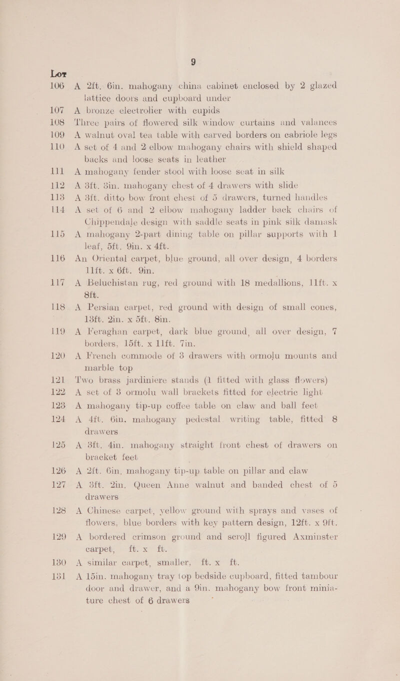 106 Oe 108 109 110 PET 112 113 114 — GD bS fe BS be |b LS) a 130 1b1 9 A 2ft, 6in. mahogany china cabinet enclosed by 2 glazed lattice doors and cupboard under A bronze electrolier with cupids Three pairs of flowered silk window curtains and valances A walnut oval tea table with carved borders on cabriole legs A set of 4 and 2 elbow mahogany chairs with shield shaped backs and loose seats in leather A mahogany fender stool with loose seat in silk A 3ft. 8in. mahogany chest of 4 drawers with slide A 3tt. ditto bow front chest of 5 drawers, turned handles A set of 6 and 2 elbow mahogany ladder back chairs of Chippendale design with saddle seats in pink silk damask A mahogany 2-part dining table on pillar supports with 1 leaf, Sity Qin. x 41. An Oriental carpet, blue ground, all over design, 4 borders litt x Git. Yim. A Beluchistan rug, red ground with 18 medalhons, I1ft. x Sit. A Persian carpet, red ground with design of small cones, 13ft. Qin. x 5ft-..8in. A Feraghan carpet, dark blue ground, all over design, 7 berders, loit. x litt. Tim. A French commode of 8 drawers with ormolu mounts and marble top Two brass jardiniere stands (1 fitted with glass flowers) A set of 8 ormolu wall brackets fitted for electrie ght A mahogany tip-up coffee table on claw and ball feet A 4ft. 6m. mahogany pedestal. writing table, fitted 8 drawers A 3ft. 4in. mahogany straight front chest of drawers on bracket feet A 2ft. 6in, mahogany tip-up table on pillar and claw A 3ft. 2m. Queen Anne walnut and banded chest of 5 drawers A Chinese carpet, yellow ground with sprays and vases of flowers, blue borders with key pattern design, 12ft. x 9ft. A bordered crimson ground and scroll figured Axminster carpet, ~ it. x it. A similar carpet, smaller,” , x~ ib. A 15in. mahogany tray top bedside cupboard, fitted tambour door and drawer, and a 9in. mahogany bow front minia-
