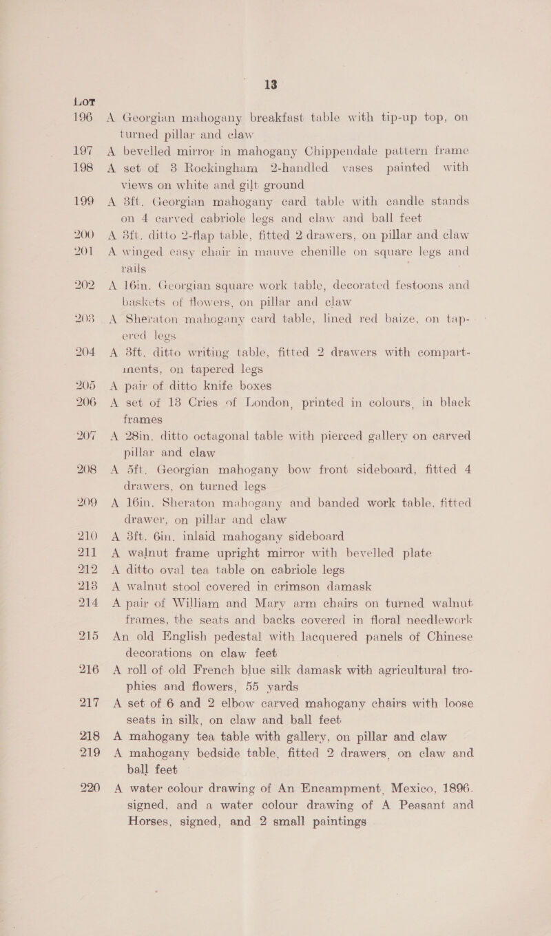 A Georgian mahogany breakfast table with tip-up top, on turned pillar and claw A bevelled mirror in mahogany Chippendale pattern frame A set of 3 Rockingham 2-handled vases painted with views on white and gilt ground A 8ft. Georgian mahogany card table with candle stands on 4 carved cabriole legs and claw and ball feet A 8ft. ditto 2-flap table, fitted 2 drawers, on pillar and claw A winged easy chair in mauve chenille on square legs and rails | A 16m. Georgian square work table, decorated festoons and baskets of flowers, on pillar and claw A Sheraton mahogany card table, lined red baize, on tap- ered lees A 3ft. ditto writing table, fitted 2 drawers with compart- inents, on tapered legs A pair of ditto knife boxes A set of 18 Cries of London, printed in colours, in black frames A 28in. ditto octagonal table with pierced gallery on carved pillar and claw A dft. Georgian mahogany bow front sideboard, fitted 4 drawers, on turned legs A 16in. Sheraton mahogany and banded work table, fitted drawer, on pillar and claw A 38ft. 6m. inlaid mahogany sideboard A walnut frame upright mirror with bevelled plate A ditto oval tea table on cabriole legs A walnut stool covered in crimson damask A pair of Wiliam and Mary arm chairs on turned walnut frames, the seats and backs covered in floral needlework An old English pedestal with lacquered panels of Chinese decorations on claw feet A roll of old French blue silk damask with agricultural tro- phies and flowers, 55 yards A set of 6 and 2 elbow carved mahogany chairs with loose seats in silk, on claw and ball feet A mahogany tea table with gallery, on pillar and claw A mahogany bedside table, fitted 2 drawers, on claw and ball feet A water colour drawing of An Encampment, Mexico, 1896. signed, and a water colour drawing of A Peasant and Horses, signed, and 2 small paintings