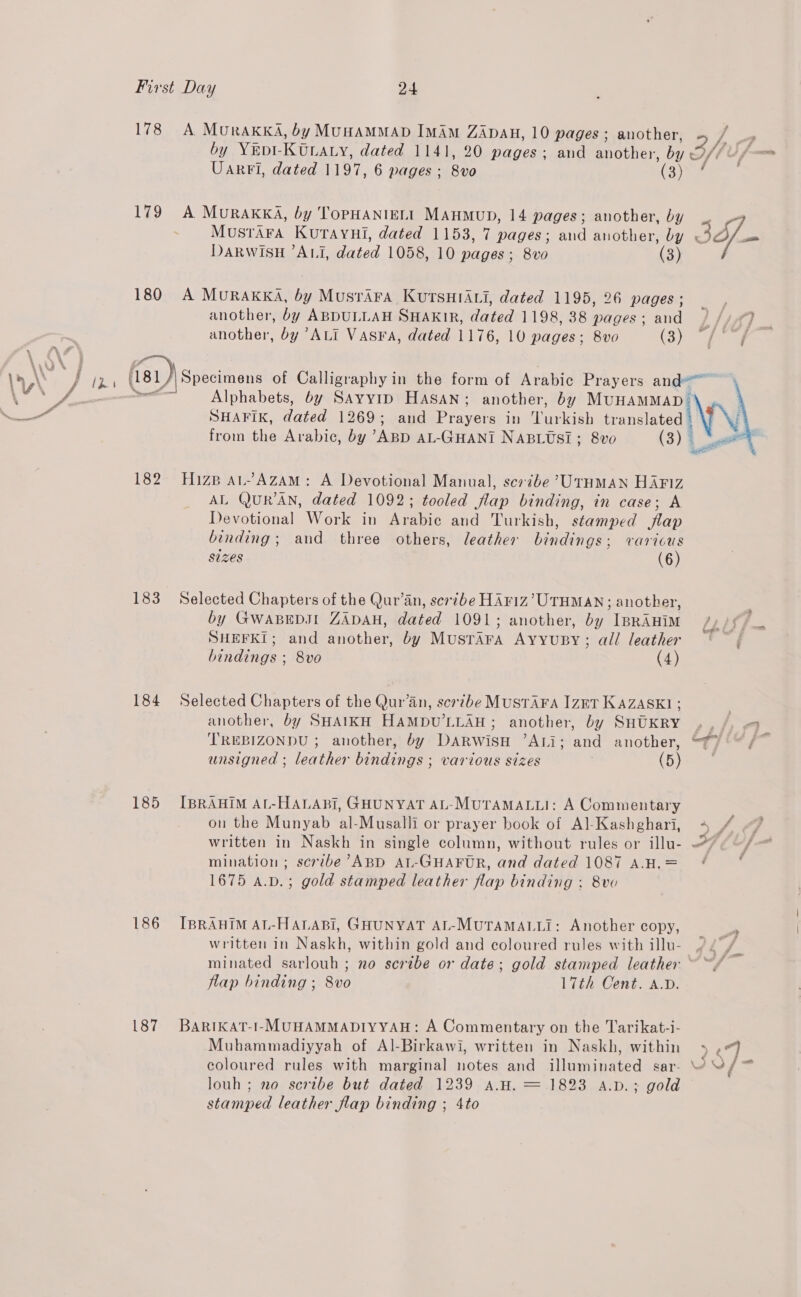 178 179 180 182 183 184 185 186 187 A. MurakkKA, by MUHAMMAD IMAM ZADAH, 10 pages; another, A f t Uaretl, dated 1197, 6 pages ; sey (3) A MuRAKKA, by TOPHANIELI MAHMUD, 14 pages; another, by MustAFA KurayHi, dated 1153, Tipaoes. and another, sf DARWISH ’ALJ, dated 1058, 10 pages; 8vo A MurakkA, by Musrara KutTsHIALi, dated 1195, 26 pages ; another, by ABDULLAH SHAKIR, dated 1198, 38 pages; and another, by ALI VASFA, dated 1176, 10 pages; 8vo (3) Alphabets, by Savyyip Hasan; another, by MUHAMMAD Hizp at-AzAmM: A Devotional Manual, scr7be ’UtTHMAN HAFIZz AL QUR'AN, dated 1092; tooled flap binding, in case; A Devotional Work in Arabic and Turkish, stamped flap binding; and three others, leather bindings; varicus sizes (6) Selected Chapters of the Qur’an, ser7be HAr1z’ UTHMAN; another, by GwapBEDst ZADAH, dated 1091; another, by IBRAHIM SHEFKI; and another, by MusTrAraA AyyuBy; all leather bindings ; 8vo (4) Selected Chapters of the Qur’an, scribe MUSTAFA IzET KAZASK1 ; another, by SHAIKH HAMDU’LLAH; another, by SHUKRY TREBIZONDU ; another, by DARWisH ’ALi; and another, unsigned ; leather bindings ; various sizes ; (5) IBRAHIM AL-HALABI, GHUNYAT AL-MUTAMALLI: A Commentary on the Munyab al-Musalli or prayer book of Al-Kashghari, written in Naskh in single column, without rules or illu- mination ; scribe’ABD AL-GHAFUR, and dated 1087 A.H.= 1675 a.v.; gold stamped leather flap binding ; 8vo IBRAHIM AL-HALABI, GHUNYAT AL-MUTAMALLI: Another copy, written in Naskh, within gold and coloured rules with illu- flap binding ; 8vo 17th Cent. A.D. BARIKAT-I-MUHAMMADIYYAH: A Commentary on the Tarikat-i- Muhammadiyyah of Al-Birkawi, written in Naskh, within louh ; no scrtbe but dated 1239 a.H. = 1823 A.vD.; gold stamped leather flap binding ; 4to ‘ ~~ u 5S F ' 