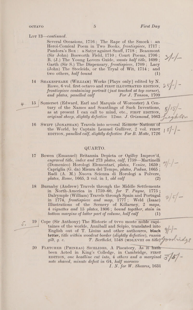 Lot 13—continued. Several Occasions, 1716; The Rape of the Smock: an Heroi-Comical Poem in Two Books, frontispiece, 1717 ; Pandora’s Box: a Satyr against Snuff, 1718 ; Beaumont (Sir John) Bosworth Field, 1710; Court Poems, 1706 ; fe. B, (J.) The Young Lovers Guide, wants half title, 1699 ; ip rie Garth (Sir 8.) The Dispensary, frontispiece, 1709 ; Lacy (John) The Steeleids, or the Tryal of Wit, 1714; and two others, half bound (1) 14 SHAKESPEARE (WiILLIAM) Works [Plays only] edited by N. A] Rowe, 6 vol. first octavo and FIRST ILLUSTRATED EDITION, 2. af | ae frontispiece containing portrait (just touched at top corner), ) and plates, panelled calf For J. Tonson, 1709 eS eee ve 15 Somerset (Edward, Earl and Marquis of Worcester) A Cen- ial tury of the Names and Scantlings of Such Inventions, 5 / iT. is as at present I can call to mind, etc., FIRST EDITION, original sheep, slightly defective 12mo. J. Grismond, 1663 fez eght 16 Swirr (JoNATHAN) Travels into several Remote~Nations — the World, by Captain Lemuel Gulliver, 2 vol. First ) Ie % EDITION, panelled calf, slightly defective For b. Motte, 1726 QUARTO. 17 Bowen (Emanuel) Britannia Depicta or Ogilby Improv’d, engraved title, index and 273 plates, calf, 1759—Martinelli _ a (Domenico) Horologi Elementari, plates, Venice, 1659; //~/ ~ Capriglia (G. da) Misura del Tempo, plates, Padua, 1665 ; Radi (A. M.) Nuova Scienza di Horologi a Polvere, plates, Rome, 1665, 3 vol. in 1, old calf (2) 18 Burnaby (Andrew) Travels through the Middle Settlements in North-America in 1759-60, for T. Payne, 1775; Dalrymple (William) Travels through Spain and Portugal in 1774, frontispiece and map, 1777; Weld (Isaac) Illustrations of the Scenery of Killarney, 2 maps, 4 vignettes and 15 plates, 1806 ; bound together, stain im bottom margins of latter part of volume, half calf (1) 7 Pp Cope (Sir Anthony) The Historie of tvvo moste noble capi. ‘dt taines of the worlde, Anniball and Scipio, translated into Lf} English out of T. Liuius and other authoures, black or} a letter, title within woodcut border (slightly defective), russia , gilt, g. e. T’. Berthelet, 1548 (MDLXVIII on — &gt; ols — ? 20 FLEeTcHER (PHINEAS) SICELIDES, A Piscatory, pete “het been Acted in King’s Colledge, in Cambridge, FIRST EDITION, one headline cut into, 4 others and a marginal es &gt;, ($/] - 4 note shaved, minute defect in G4, half morocco