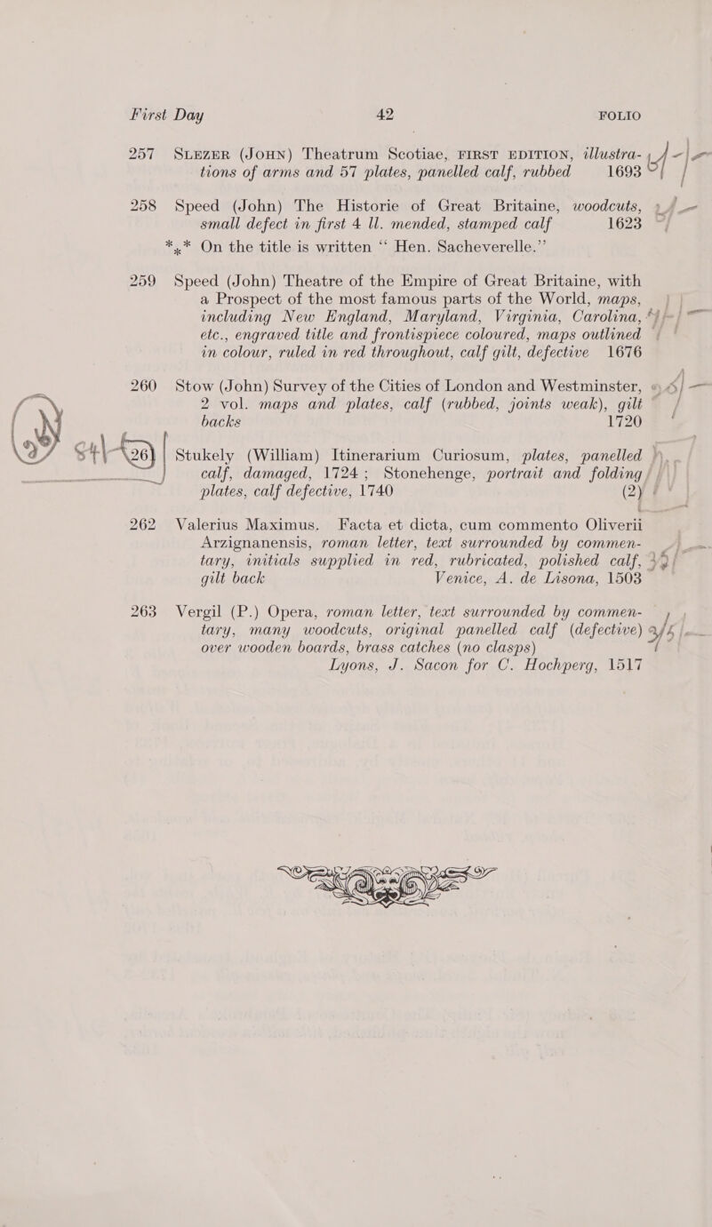 257 SLEZER (JOHN) Theatrum Scotiae, FIRST EDITION, dJlustra- tions of arms and 57 plates, panelled calf, rubbed 1693 258 Speed (John) The Historie of Great Britaine, woodcuts, small defect in first 4 ll. mended, stamped calf 1623 ** On the title is written “‘ Hen. Sacheverelle.”’ 259 Speed (John) Theatre of the Empire of Great Britaine, with a Prospect of the most famous parts of the World, maps, including New England, Maryland, Virginia, Carolina, etc., engraved title and frontispiece coloured, maps outlined in colour, ruled in red throughout, calf gilt, defective 1676 { | backs 1720 . ™ — calf, damaged, 1724; Stonehenge, portrait and folding 262 Valerius Maximus. Facta et dicta, cum commento Oliverii Arzignanensis, roman letter, text surrounded by commen- tary, initials supplied wn red, rubricated, polished calf, ee ee 263 Vergil (P.) Opera, roman letter, text surrounded by commen- tary, many woodcuts, original panelled calf (defective) over wooden boards, brass catches (no clasps) Lyons, J. Sacon for C. Hochperg, 1517  ,