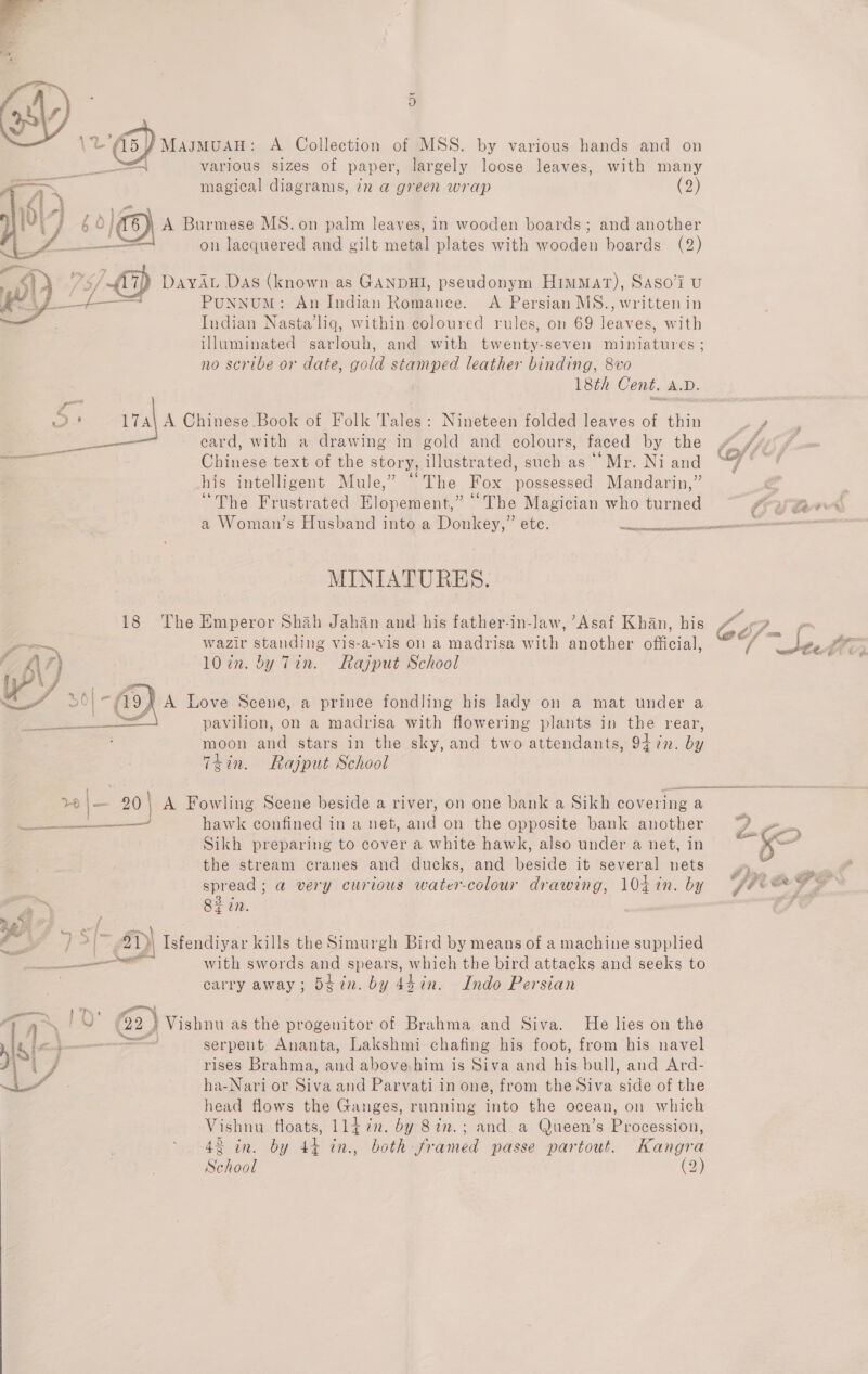 A various sizes of paper, largely loose leaves, with many magical diagrams, in a green wrap (2) 6 Of ¢ 6 }\ A Burmese MS. on palm leaves, in wooden boards; and another _—_—— on lacquered and gilt metal plates with wooden boards (2)  )) 75/17) Dayar Das (known as GANDHI, pseudonym Himmat), Saso’l u yf PunnuM: An Indian Romance. A Persian MS., written in Indian Nasta’liq, within coloured rules, on 69 leaves, with illuminated sarlouh, and with twenty-seven miniatures ; no scribe or date, gold stamped leather binding, 8vo 18th Cent. AD. 5d. Tal Chinese Book of Folk Tales: Nineteen folded leaves of thin -/ —— card, with a drawing in gold and colours, faced by the “ /% Chinese text of the story, illustrated, such as ‘Mr. Niand “@' his intelligent Mule,” “The Fox possessed Mandarin,” e “The Frustrated Elopement,” “The Magician who turned TP EBX a Woman’s Husband into a Donkey,” etc. —— as ae Lt ALTA MINIATURES. 18 The Emperor Shah Jahan and his father-in-law, ’Asaf Khan, his 107m. by Tin. Rajput School A Love Scene, a prince fondling his lady on a mat under a pavilion, on a madrisa with flowering plants in the rear, moon and stars in the sky, and two attendants, 94 7¢n. by Téin. Rajput School  ) ‘ ota AARC ro + |— 20! A Fowling Scene beside a river, on one bank a Sikh covering a j hawk confined in a net, and on the opposite bank another Z on Sikh preparing to cover a white hawk, also under a net, in Ke the stream cranes and ducks, and beside it several nets ; ae spread ; a very curious water-colour drawing, 10gin. by ‘fee ee » 82 in. f 5 Z 4) Isfendiyar kills the Simurgh Bird by means of a machine supplied with swords and spears, which the bird attacks and seeks to carry away; 5¢7n. by 44in. Indo Persian Pat “Ps, ) ® : ae Re G2) Vishnu as the progenitor of Brahma and Siva. He lies on the Re be serpent Ananta, Lakshmi chafing his foot, from his navel ) iy rises Brahma, and above.him is Siva and his bull, and Ard- — ha-Nari or Siva and Parvati in one, from the Siva side of the head flows the Ganges, running into the ocean, on which Vishnu floats, lld in. by 8in.; and a Queen’s Procession, 42 in. by 44 in., both framed passe partout. Kangra School (&gt; 