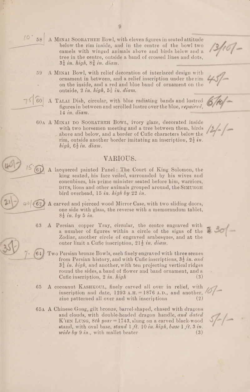 g &gt; ei below the rim inside, and in the centre of the bowl two camels with winged animals above and birds below and a tree in the centre, outside a band of crossed lines and dots, 3h in. high, 8% in. diam. _ 59 &lt;A MINAI Bowl, with relief decoration of interlaced design with ornament in between, and a relief inscription under the rim . on the inside, and a red and blue band of ornament on the outside, 2 in. high, 5&amp; in. diam. - $160) A TALat Dish, circular, with blue radiating bands and lustred 14 in. diam. 604 A MINAI DO SOORATHEH BOWL, ivory glaze, decorated inside &gt; with two horsemen meeting and a tree between them, birds above and below, and a border of Cufic characters below the rim, outside another border imitating an inscription, 24 in. high, 64in. diam. Se VARIOUS. WY IS &amp; | A lacquered painted Panel: The Court of King Solomon, the — king seated, his face veiled, surrounded by his wives and concubines, his prime minister seated before him, warriors, DIVS, lions and other animals grouped around, the SIMURGH bird overhead, 15 in. high by 22 in. A carved and pierced wood Mirror Case, with two sliding doors, one side with glass, the reverse with a memorandum tablet, 84 in. by 5 in.  63 .A Persian copper ‘Tray, circular, the centre engraved with a number of figures within a circle of the signs of the Zodiac, another circle of engraved arabesques, and at the outer limit a Cufie inscription, 214 zn. diam. = } (4) Two Persian bronze Bowls, each finely engraved with three scenes LAA _ from Persian history, and with Cufic inscriptions, 34 in. and 34 in. high, and another, with ten projecting vertical ridges round the sides, a band of flower and band ornament, anda Cufic inscription, 2 in. high (3) @ 65 A cocoanut KASHKOUL, finely carved all over in relief, with zine patterned all over and with inscriptions (2) 654 A Chinese Gong, gilt bronze, barrel-shaped, chased with dragons and clouds, with double-headed dragon handle, and dated K71EN LUNG, 8th year = 1743, slung on a carved black-wood stand, with oval base, stand 1 ft. 10 in. high, base 1 /t. 3 in.