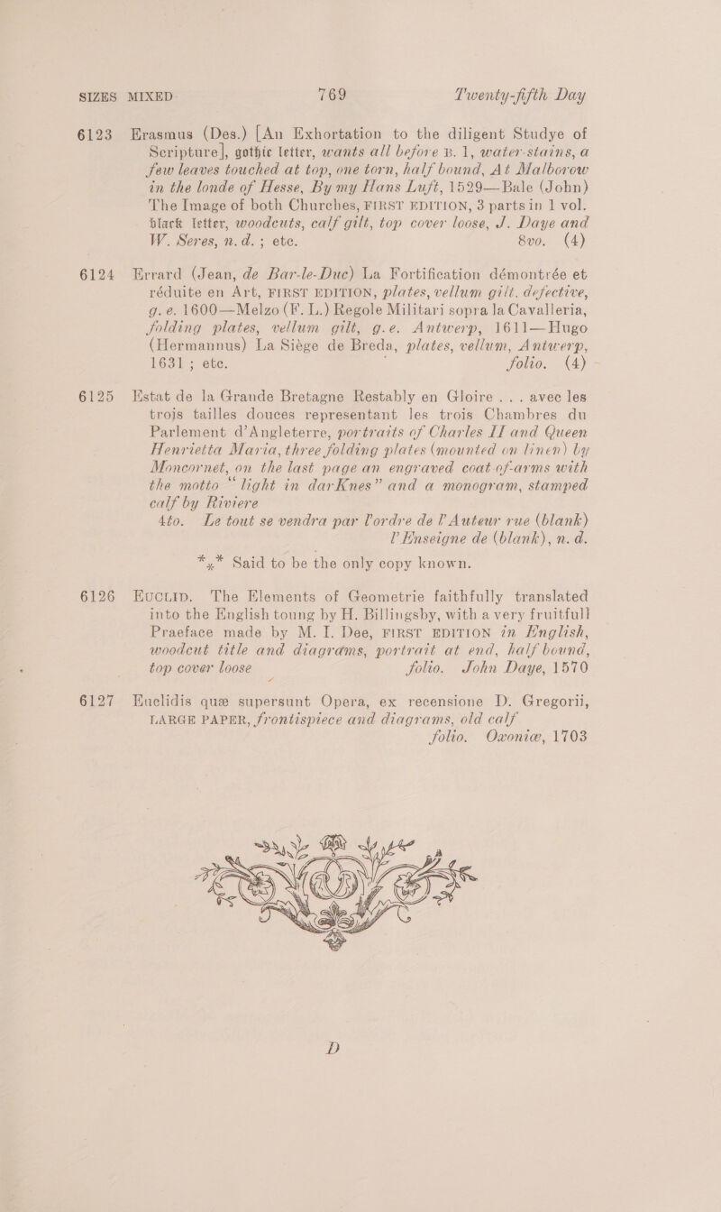 SIZES MIXED 769 Twenty-fifth Day 6123 Erasmus (Des.) [An Exhortation to the diligent Studye of Scripture], gothte letter, wants all before B. 1, water-stains, a few leaves touched at top, one torn, half bound, At Malborow in the londe of Hesse, By my Hans Luft, 1529—Bale (John) The Image of both Churches, FIRST EDITION, 3 partsin 1 vol. black letter, woodcuts, calf gilt, top cover loose, J. Daye and W. Seres, n.d. ; ete. 8vo. (4) 6124 Errard (Jean, de Bar-le-Duc) La Fortification démontrée et réduite en Art, FIRST EDITION, plates, vellum gilt. defective, g. e. 1600—Melzo (F. L.) Regole Militari sopra la Cavalleria, folding plates, vellum gilt, g.e. Antwerp, 1611—Hugo (Hermannus) La Siége de Breda, plates, vellum, Antwerp, 1631 ; etc. joo, (4) - 6125 Hstat de la Grande Bretagne Restably en Gloire... avec les trois tailles douces representant les trois Chambres du Parlement d’Angleterre, portraits of Charles IT and Queen Henrietta Maria, three folding plates (mounted on linen) by Moncornet, on the last page an engraved coat-of-arms with the motto “light in darKnes” and a monogram, stamped calf by Riviere 4to. Le tout se vendra par Vordre del Auteur rue (blank) l’ Hnseigne de (blank), n. d. *,* Said to be the only copy known. 6126 EHuctr. The Elements of Geometrie faithfully translated into the English toung by H. Billingsby, with a very fruitful] Praeface made by M. I. Dee, First EDITION in English, woodcut title and diagrams, portrait at end, half bound, top cover loose folio. John Daye, 1570 “ 6127 Euclidis que supersunt Opera, ex recensione D. Gregori, LARGE PAPER, frontispiece and diagrams, old calf folio. Omonic, 1703 