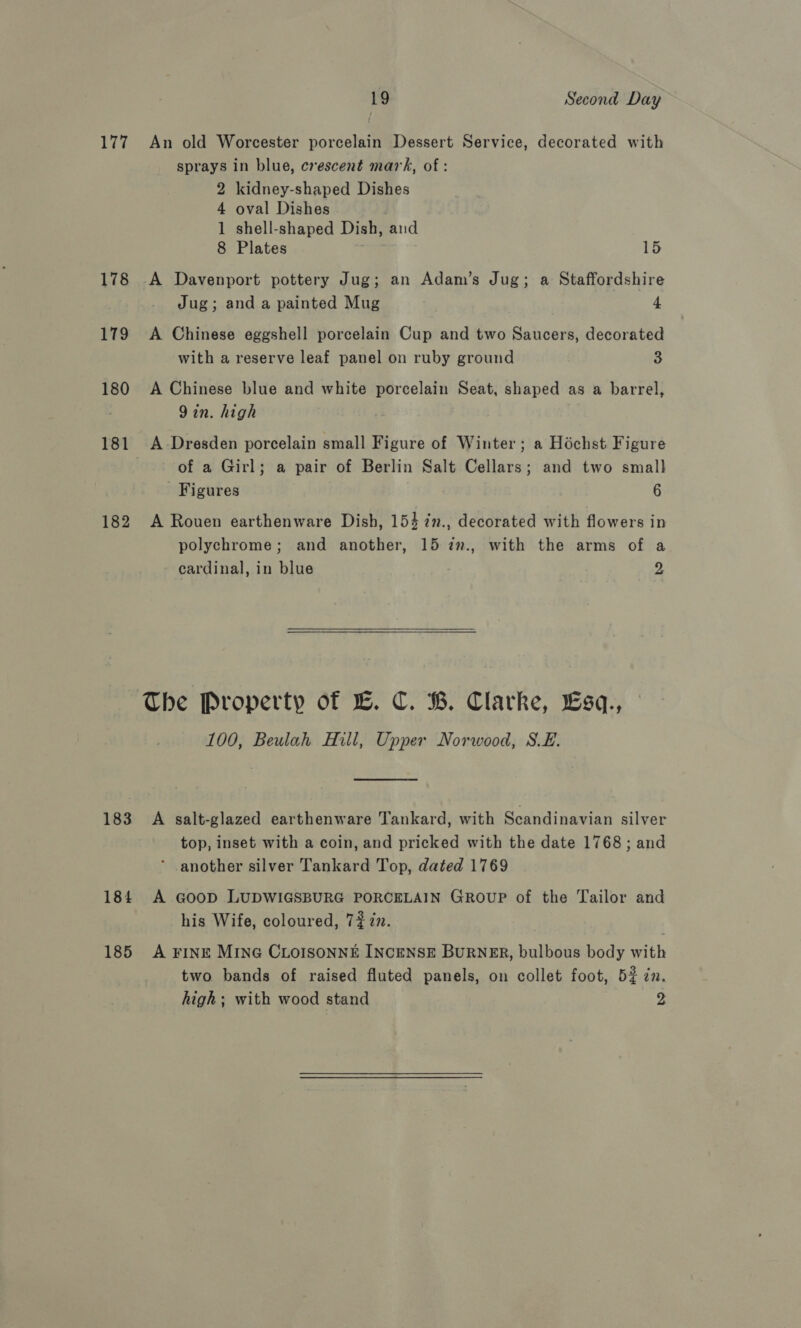 177 An old Worcester porcelain Dessert Service, decorated with sprays in blue, crescent mark, of : 2 kidney-shaped Dishes 4 oval Dishes | 1 shell-shaped Dish, and 8 Plates 15 178 A Davenport pottery Jug; an Adam’s Jug; a Staffordshire Jug; and a painted Mug 4 179 A Chinese eggshell porcelain Cup and two Saucers, decorated with a reserve leaf panel on ruby ground 3 180 A Chinese blue and white porcelain Seat, shaped as a barrel, 9in. high 181 A-Dresden porcelain small Figure of Winter; a Hochst Figure of a Girl; a pair of Berlin Salt Cellars; and two smal} Figures 6 182 A Rouen earthenware Dish, 154 7in., decorated with flowers in polychrome; and another, 15 zm., with the arms of a cardinal, in blue 2  The Property of LB. C. B. Clarke, Lsq., 100, Beulah Hill, Upper Norwood, S.E.  183 A salt-glazed earthenware Tankard, with Scandinavian silver top, inset with a coin, and pricked with the date 1768; and another silver Tankard Top, dated 1769 184. A Goop LUDWIGSBURG PORCELAIN GROUP of the Tailor and his Wife, coloured, 777. 185 A FINE MING CLOISONNE INCENSE BURNER, bulbous body with two bands of raised fluted panels, on collet foot, 5% zn. high; with wood stand pe