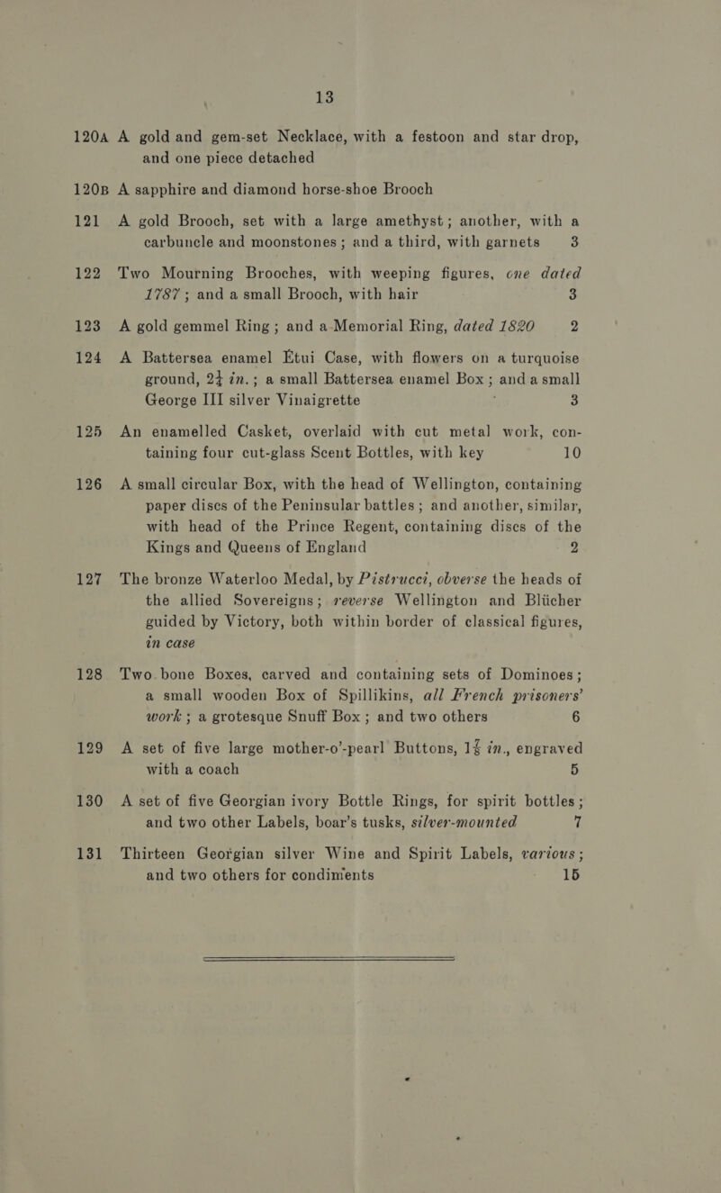 and one piece detached 121 122 123 124 125 126 127 128 131 A gold Brooch, set with a large amethyst; another, with a carbuncle and moonstones; and a third, with garnets 3 Two Mourning Brooches, with weeping figures, one dated 1787 ; and a small Brooch, with hair 3 A gold gemmel Ring ; and a-Memorial Ring, dated 1820 2 A Battersea enamel Etui Case, with flowers on a turquoise ground, 24 7n.; a small Battersea enamel Box; anda small George III silver Vinaigrette 3 An enamelled Casket, overlaid with cut metal work, con- taining four cut-glass Scent Bottles, with key 10 A small circular Box, with the head of Wellington, containing paper discs of the Peninsular battles ; and another, similar, with head of the Prince Regent, containing discs of the Kings and Queens of England Ps The bronze Waterloo Medal, by P7struccz, obverse the heads of the allied Sovereigns; veverse Wellington and Bliicher guided by Victory, both within border of classical figures, in case Two.bone Boxes, carved and containing sets of Dominoes; a small wooden Box of Spillikins, all French prisoners’ work ; a grotesque Snuff Box ; and two others 6 A set of five large mother-o’-pearl Buttons, 14 in., engraved with a coach 5 A set of five Georgian ivory Bottle Rings, for spirit bottles ; and two other Labels, boar’s tusks, sz/ver-mounted 7 Thirteen Georgian silver Wine and Spirit Labels, various ; and two others for condiments ee a: