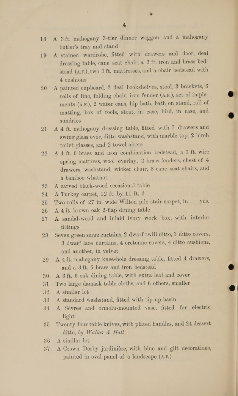 18 19 + A 3ft. mahogany 3-tier dinner waggon, and a mahogany butler’s tray and stand A stained wardrobe, fitted with drawers and door, deal dressing table, cane seat chair, a 3 ft. iron and brass bed- stead (a.F.), two 3 ft. mattresses, and a chair bedstead with 4 cushions A painted cupboard, 2 deal bookshelves, stool, 3 brackets, 6 rolls of lino, folding chair, iron fender (A.F.), set of imple- ments (A.F.), 2 water cans, hip bath, bath on stand, roll of matting, box of tools, stoat, im case, bird, in case, and sundries A 4 ft. mahogany dressing table, fitted with 7 drawers and swing glass over, ditto washstand, with marble top, 2 birch toilet glasses, and 2 towel airers A 4 ft. 6 brass and iron combination bedstead, a 3 ft. wire spring mattress, wool overlay, 2 brass fenders, chest of 4 drawers, washstand, wicker chair, 8 cane seat chairs, and a bamboo whatnot A carved black-wood occasional table A Turkey carpet, 12 ft. by 11 ft. 3 Two rolls of 27 in. wide Wilton pile stair carpet, in yds. A 4ft. brown oak 2-flap dining table A sandal-wood and inlaid ivory work box, with interior fittings Seven green serge curtains, 2 dwarf twill ditto, 8 ditto covers, 3 dwarf lace curtains, 4 cretonne covers, 4 ditto cushions, and another, in velvet A 4ft. mahogany knee-hole dressing table, fitted 4 drawers, and a 3 ft. 6 brass and iron bedstead A 3ft. 6 oak dining table, with extra leaf and cover Two large damask table cloths, and 6 others, smaller A similar lot A standard washstand, fitted with tip-up basin A Sévres and ormolu-mounted vase, fitted for electric light Twenty-four table knives, with plated handles, and 24 dessert ditto, by Walker &amp; Hall A similar lot A Crown Derby jardiniére, with blue and gilt decorations, painted in oval panel of a landscape (A.F.)    