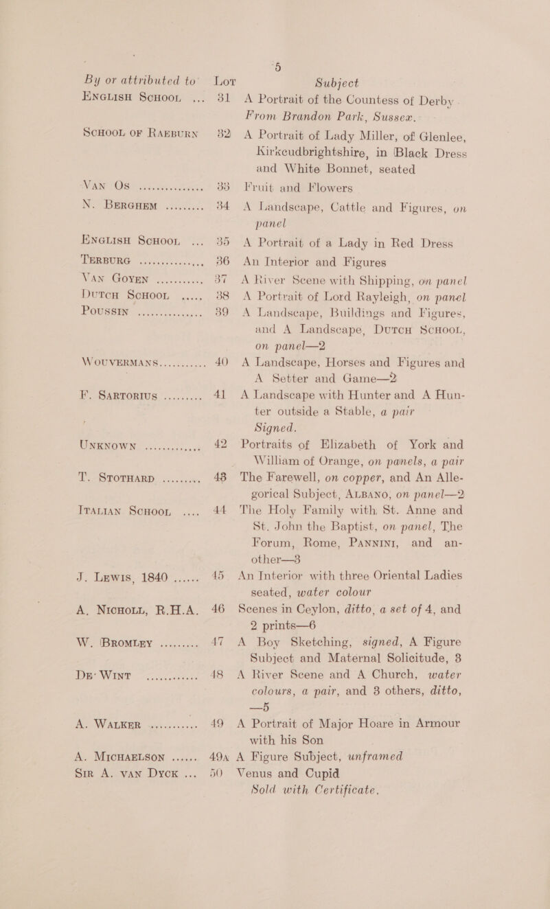 ENGLIisH ScHooL ... SCHOOL OF RAEBURN Os eee ee eee reereee ENGLISH ScHOOT, foc) VAN GOVEN ....<.000, DutcH ScHoo,n Poussin eaeree fever eee rer renee F. SARTORIUS cere erene 010) 9).6 6-O:8h8 Bie Bole er eeerewe ITALIAN ScHoor, J. Lewis, 1840 evrvere A, NicHoLL, R.H.A. W. (BROMLEY oor roe es 8 9.0.6). &amp; 61818 6 Bene: A. WALKER A. MICHAELSON Sim A. vAN Dyck ... eoreee 18 49 49M 50 Subject A Portrait of the Countess of Derby | From Brandon Park, Sussex. A Portrait of Lady Miller, of Glenlee, Kirkeudbrightshire, in Black Dress and White Bonnet, seated Fruit and Flowers A Landscape, Cattle and Figures, on panel A Portrait of a Lady in Red Dress An Interior and Figures A River Scene with Shipping, on panel A Portrait of Lord Rayleigh, on panel A Landscape, Buildings and Figures, and A Landscape, DutcH ScHOooL, on panel—2 A Landscape, Horses and Figures and A Setter and Game—2 A Landscape with Hunter and A Hun- ter outside a Stable, a pair Signed. Portraits of Elizabeth of York and Wilham of Orange, on panels, a pair gorical Subject, ALBANO, on panel—2 The Holy Family with, St. Anne and St. John the Baptist, on panel, The Forum, Rome, PAnnini, and an- other—3 An Interior with three Oriental Ladies seated, water colour Scenes in Ceylon, ditto, a set of 4, and 2 prints—6 A Boy Sketching, signed, A Figure Subject and Maternal Solicitude, 3 A River Scene and A Church, water colours, a pair, and 8 others, ditto, —B5 A Portrait of Major Hoare in Armour with his Son A Figure Subject, unframed Venus and Cupid Sold with Certificate,