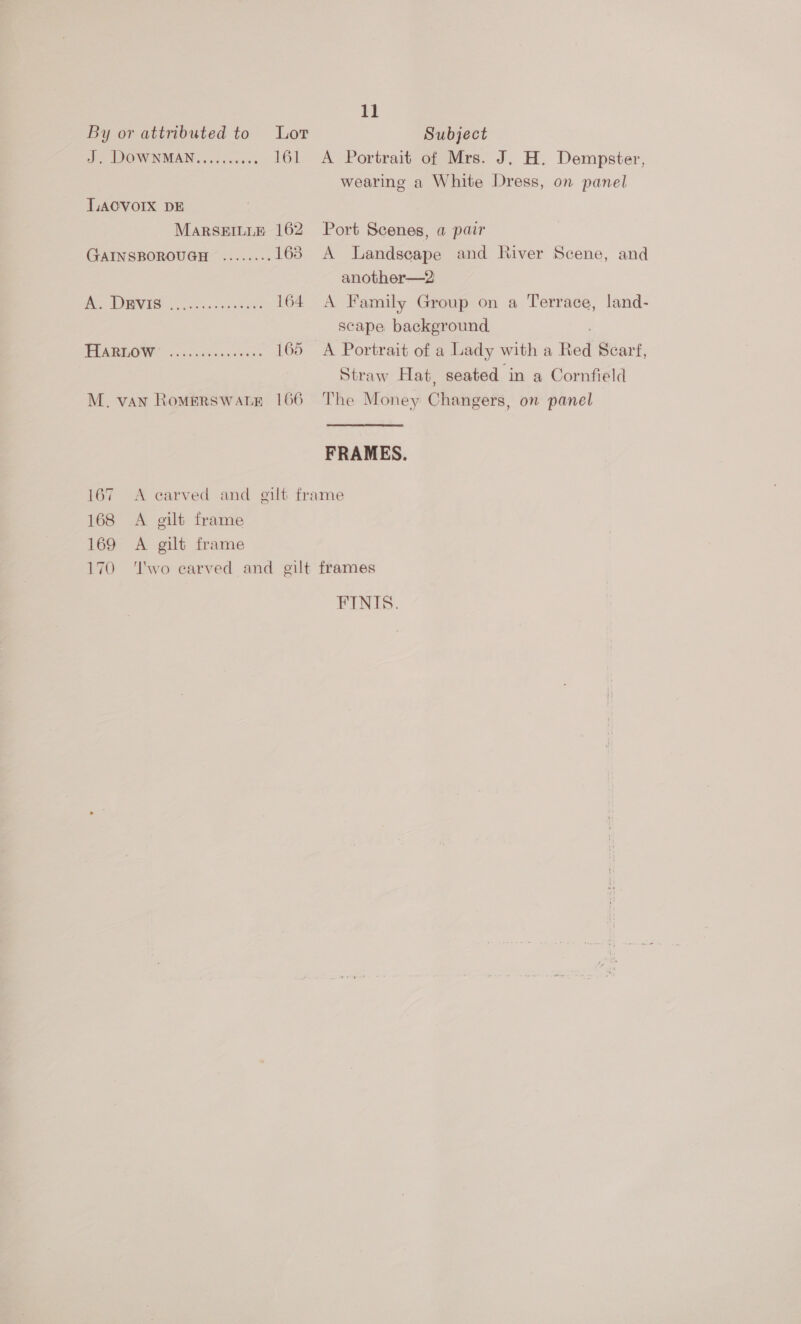 Pe DOW NAAN. weccscces 161 T,ACVOIX DE MARSEILLE 162 GAINSBOROUGH ........ 163 (Aes BV IGl occad.orns tees 164 PAROS © csul Sosounetee 165 M. van RomerRswate 166 11 wearing a White Dress, on panel Port Scenes, a pair A Landscape and River Scene, and another—2 A Family Group on a Terrace, land- scape background A Portrait of a Lady with a Red Searf, Straw Hat, seated in a Cornfield The Money Changers, on panel FRAMES. 167 <A carved and gilt frame 168 A gilt frame 169 A gilt frame £70 FINIS.