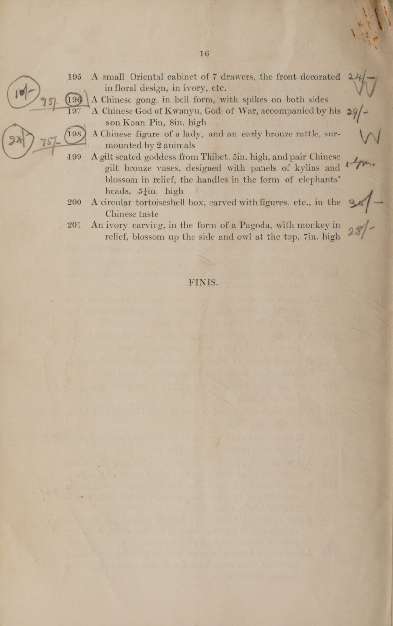 sf fs aes ae D&gt; 2 a 16 in floral design, in ivory, ete. \A Chinese gong, in bell form, with spikes on both sides 197 A Chinese God of Kwanyu, God of War, accompanied  his son Koan Pin, 8in. high (198) A Chinese figure of a lady, and an early browne ae sur- 7 ‘mounted by 2 animals gilt bronze vases, designed with panels of kylins and blossom in relief, the handles in the form of elephants’ heads, 54in. high Chinese taste 201 An ivory carving, in the form of a Pagoda, with monkey in relief, blossom up the side and owl at the top, 7in. high FINIS. I 