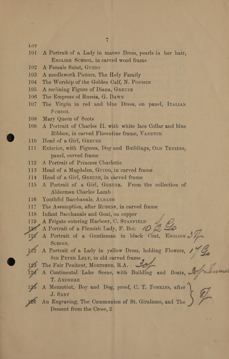 3 7 101. A Portrait of a Lady in manve Dress, pearls in her hair, ENGLISH SCHOOL, in carved wood frame 102 A Female Saint, Guipo 103. A needlework Picture, The Holy Painily 104 The Worship of the Golden Calf, N. Poussin 105 A reclining Figure of Diana, GREUZE 106 The Empress of Russia, G. DAwsE 107 The Virgin in red and blue Dress, on panel, ITALian SCHOOL 108 Mary Queen of Scots Ribbon, in carved Florentine frame, VANDYCK 110 Head of a Girl, GREUZE 111 Exterior, with Figures, Dog and Buildings, OLp TEnrErs, panel, carved frame 112 A Portrait of Princess Charlotte 113 Head of a Magdalen, Gurpo, in‘carved frame 114 Head of a Girl, Greuzs, in carved frame 115 <A Portrait of a Girl, Greuze. From the collection of Alderman Charles Lamb 116 Youthful Bacchanals, ALBANO 117 The Assumption, after RuBENs, in carved frame 118 Infant Bacchanals and Goat, on copper y 119 A Frigate entering Harbonr, ©. Stanrrenp yf £7 a CS, oe Portrait of a Flemish Lady, F. Bor /Z Z bk; ~—O s A Portrait of a Gentleman in black Coat, Enaiisn JI ScHOOL A Portrait of a Lady in yellow Dress, holding Flowers, 7 1G, Sir Peter Ley, in old carved fr aes / 128 The Fair Penitent, Mortimer, R.A. wes a lye A Continental. Lake Scene, with Buildfes and Boats, LIfe LAM T. ANDREAE - 1s A Mezzotint, Boy and Dog, proof, C. T. Tomxrns, after J. SANT G/ pe An Engraving, The Communion of St. Giralamo, and The yo Descent from the Cross, 2 |