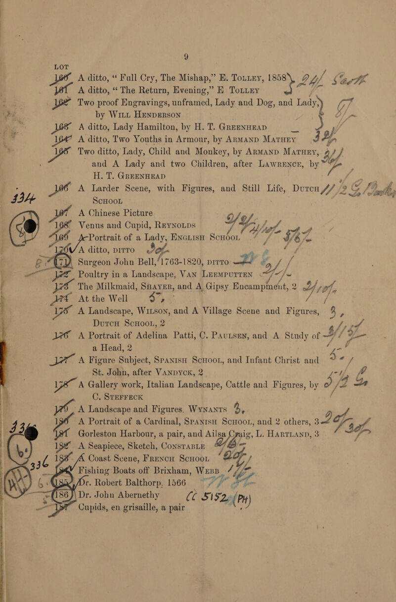 9 LOT A ditto, “ Full Cry, The Mishap,” E, Tourny, 1858), 9 by Sarhh A ditto, “ The Return, Evening,’ E Totiey or Af. be: Ibe Two proof Engravings, unframed, Lady and Dog, and lady) Lee by Witt Henperson : ee A ditto, Lady Hamilton, by H. T. GreenHEap a3 dy . * ba A ditto, Two Youths in Armour, by Armand MatHey 3 a Two ditto, Lady, Child and Mewdcey. by Armand MarTHey, 2 ; A and A Lady and two Children, after Lawrencr, te le: H. T. GreENHEAD R Le A Larder Scene, with Figures, and Still Life, Durcn J) i Cy 4 pedi ie Z » i &amp; © a A ey jI4- ScHOOL A Chinese Picture O/ Of» , 168 Venus and Cupid, Reynoups YY, Mfe 4- | Portrait of a Lady, ENcLisu Sonbon” Y Pi OSS ditto, DITTO ot. Pe arian f | Surgeon John Bell, A763. 1820, DITTO tt’ 3 d / j Poultry in a Landscape, VAN LEEMPUTTEN SG. “fw The Milkmaid, HATER, and A Gipsy Encampment, 2 Yio Atthe Well 47, / 4 A Landscape, Winson, and A Village Scene and Figures, 8 DutcH ScHooL, 2 Lee A Portrait of Adelina Patti, C. PAULSEN, ana A Study of {oy  yf a Head, 2 AGE Ler, A Figure Subject, Spanish Scroon, and Infant Christ and 4 ahi St. John, after VaANpyok, 2 “4 / &amp;  ye A Gallery work, Italian Landscape, Cattle and Figures, by — C, STEFFECK yo. A Landscape and Figures, WyNANTS a. 136° A Portrait of a Cardinal, SpantsH ScuHoon, and 2 others, we, ne a 1st Gorleston Harbour, a pair, and Ai Lae aig, L. HARTLAND, 3 4or> as A Seapiece, Sketch, ConsTapLe y A Coast Scene, Frencn Scuoon © #7 / Fishing Boats off Brixham, Wes . % Za »,/Ur. Robert Balthorp, 1566 — » fp peor Johu Abernethy (0 1S 2.( Pa P X ° ° ° ° &amp; Cupids, en grisaille, a pair   