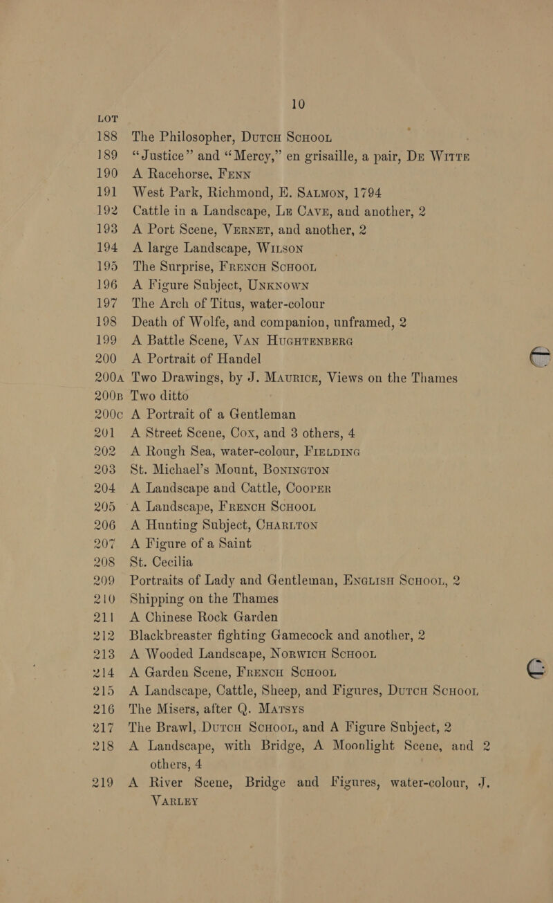 LOT 188 189 190 191 192 193 194 195 196 197 198 199 200 200A 2008 200¢C 201 202 203 204 205 206 207 208 209 210 7b ole 213 214 a1») 216 Og 218 219 10 % The Philosopher, Dutcu ScHoor “Justice” and “ Mercy,” en grisaille, a pair, Dp WiTtE A Racehorse, FENN West Park, Richmond, E. Satmon, 1794 Cattle in a Landscape, Le Cavs, and another, 2 A Port Scene, VERNET, and another, 2 A large Landscape, WiLson The Surprise, FreNcH ScHoou A Figure Subject, UNkNown The Arch of Titus, water-colour Death of Wolfe, and companion, unframed, 2 A Battle Scene, Van HucGurenpere A Portrait of Handel Two Drawings, by J. Maurtcr, Views on the Thames Two ditto A Portrait of a Gentleman A Street Scene, Cox, and 83 others, 4 A Rough Sea, water-colour, Frrupine St. Michael’s Mount, Bonrnaron A Landscape and Cattle, CoorEr A Hunting Subject, CHARLTON A Figure of a Saint St. Cecilia Portraits of Lady and Gentleman, ENauisn ScHoon, 2 Shipping on the Thames A Chinese Rock Garden Blackbreaster fighting Gamecock and another, 2 A Wooded Landscape, Norwicu ScHoou A Garden Scene, FrencH ScHooL A Landscape, Cattle, Sheep, and Figures, Durcn ScHoon The Misers, after Q. Marsys The Brawl,.DurcH Scuoot, and A Figure Subject, 2 A Landscape, with Bridge, A Moonlight Scene, and 2 others, 4 A River Scene, Bridge and Figures, water-colour, J. VARLEY