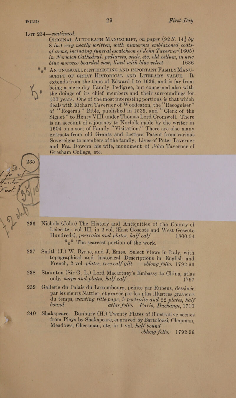 Lot 234—continued. ORIGINAL AUTOGRAPH MANUSCRIPT, on paper (92 li. 144 by 8 in.) very neatly written, with numerous emblazoned coats- of-arms, including funeral escutcheon af John Taverner (1605) in Norwich Cathedral, pedigrees, seals, etc. old vellum, in new blue morocco boarded case, lined with blue velvet 1636 y* AN UNUSUALLYINTERESTING AND IMPORTANT FAMILY MANU- SCRIPT OF GREAT HISTORICAL AND LITERARY VALUE. It extends from the time of Edward I to 1636, and is far from being a mere dry Family Pedigree, but concerned also with ® the doings of its chief members and their surroundings for 400 years. One of the most interesting portions is that which deals with Richard Taverner of Woodeaton, the “ Recogniser” of ‘“Rogers’s” Bible, published in 1539, and “Clerk of the Signet” to Henry VIII under Thomas Lord Cromwell. There is an account of a journey to Norfolk made by the writer in 1604 ona sort of Family “Visitation.” There are also many extracts from old Grants and Letters Patent from various Sovereigns to members of the family; Lives of Peter Taverner and Fra. Dowera his wife, monument of John Taverner of Gresham College, etc.    \ Va 236 Nichols (John) The History and Antiquities of the County of \ Leicester, vol. III, in 2 vol. (East Goscote and West Goscote { Hundreds), portraits and plates, half calf 1800-04 *,* The scarcest portion of the work. 237 Smith (J.) W. Byrne, and J. Emes. Select Views in Italy, with topographical and historical Descriptions in English and French, 2 vol. plates, tree-calf gilt oblong folio. 1792-96 238 Staunton (Sir G. L.) Lord Macartney’s Embassy to China, atlas only, maps and plates, half calf 1797 239 Gallerie du Palais du Luxembourg, peinte par Rubens, dessinée par les sieurs Nattier, et gravée par les plus illustres graveurs du temps, wanting title-page, 3 portraits and 22 plates, half bound atlas folio. Paris, Duchange, 1710 240 Shakspeare. Bunbury (H.) Twenty Plates of illustrative scenes ». from Plays by Shakspeare, engraved by Bartolozzi, Chapman, Meadows, Cheesman, etc. in 1 vol. half bound oblong folio. 1792-96