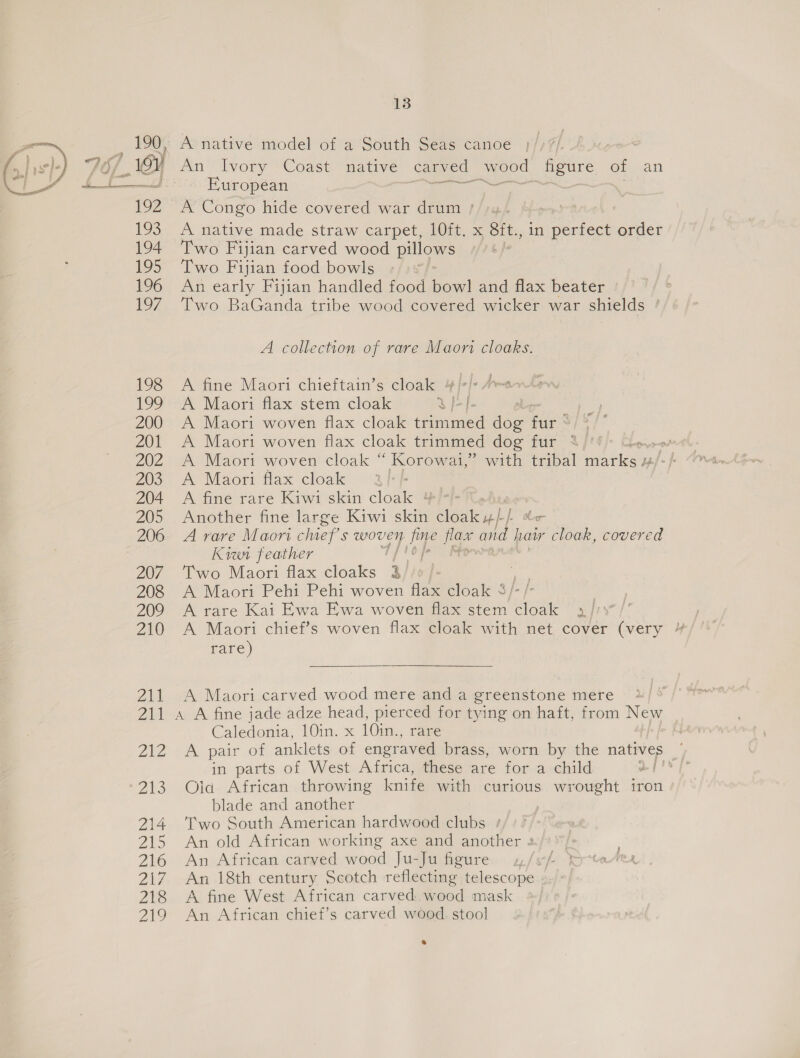 mn’ ‘lyvory “Coast! mative carved - oes figure of an Furopean vs A’ Congo hide covered war drum / A native made straw carpet, 10ft. x 8ft., in perfect order Two Fijian carved wood pillows Two Fijian food bowls An early Fijian handled food bowl and flax beater Two BaGanda tribe wood covered wicker war shields ’ A collection of rare Maori cloaks. A fine Maori chieftain’s cloak 4/-/* &gt; A Maori flax stem cloak a] | iL. A Maori woven flax cloak trimmed dog fur © A Maori woven flax cloak trimmed dog fur °‘ boo A Maori woven cloak “ Korowai,” with tribal faclets by y. f A Maori flax cloak A fine rare Kiwi skin cloak ° Another fine large Kiwi oka $f thing ifn fe hoe A rare Maori chic? s woven HPS ae anid haw cloak, covered Kiwi feather Bd hk Two Maori flax cloaks 3/ A Maori Pehi Pehi woven flax cloak 4 * aha A rare Kai Ewa Ewa woven flax stem oe ee A Maori chief’s woven flax cloak with net cover (very rare) A Maori carved wood mere and a greenstone mere Caledonia, lOin. =x 10m), rave A pair of anklets of engraved brass, worn by the natives in parts of West Africa, these.are for a child | Oia African throwing knife with curious wrought iron blade and another Two South American hardwood clubs / An old African working axe and another » An African carved wood Ju-Ju figure /- An 18th century Scotch reflecting telescope A fine West African carved. wood mask An African chief’s carved wood stool