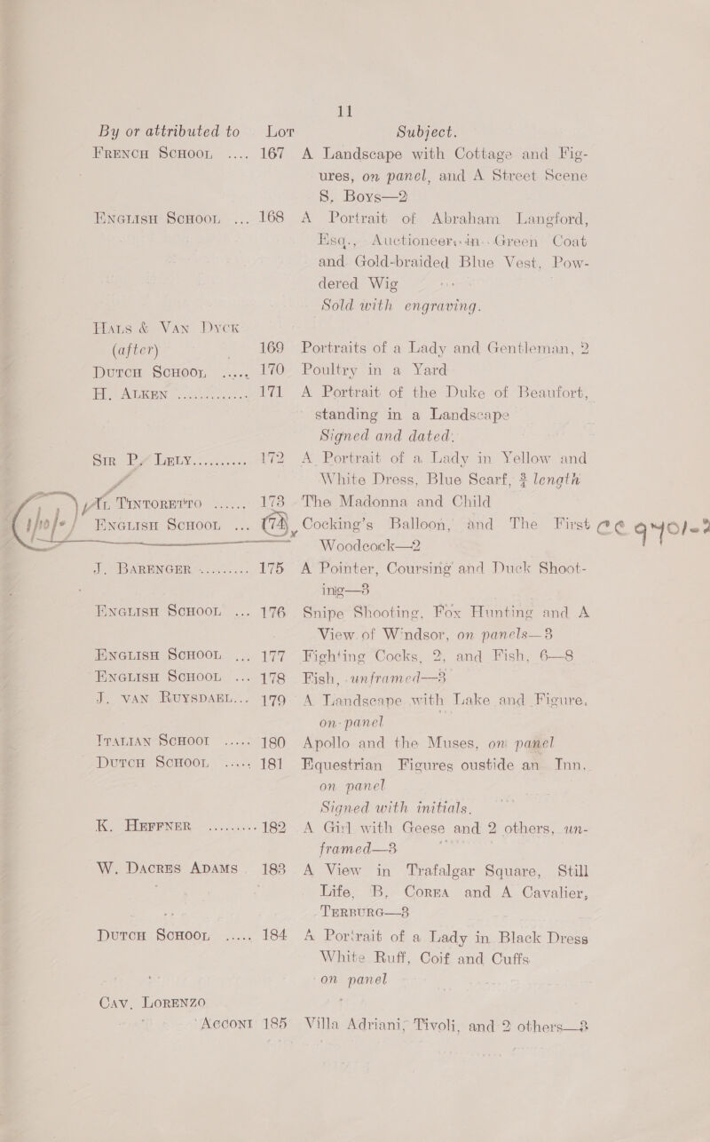 FRENCH ScHoo. .... 167 ENnGlisn ScHoot ... 168 Hans &amp; Van Dyck (after) 169 Durcu ScHoor, ..... 170 ie AEN - (Sue) ote ed Sy aed oo Al Bi 0) aaa 172 oa 2) Aa PIN TORWICO Sy 2. 178 J. BARENGER ~ 2.00... 175 ENnGLiso ScHOOL 176 ENGLISH SCHOOL 177 ENGLISH ScHOOL 178 J. VAN RUYSDAEL... 179 ITALIAN SCHOOT ....: 180 Durch SCHOOL. ..... 181 KK, EGRPPNER ~....0i.. 182 W. Dacres ADAMS. 188 DutcH ScHooL ..... 184. Cav, LORENZO ‘“Accont 185 11 A Landscape with Cottage and Fig- ures, on panel, aud A Street Scene S, Boys—2 A Portrait Laneford, Esq.,- Auctioneer::4n-.-Green Coat and. Gold-braided Blue Vest, Pow- dered Wig Sold with engraving. of Abraham » nel Portraits of a Lady and Gentleman, Poultry in a Yard A Portrait of the Duke of Beaufort, standing in a Landscape Signed and dated. A Portrait of a Lady in Yellow and White Dress, Blue Scarf, 2 length The Madonna and Child Cocking’s Balloon, and The Woodeock—2 A Pointer, Coursing and Duck Shoot- ing—8 ete Snipe Shooting, Fox Hunting and A View. of Windsor, on panels—8 Fighting Cocks, 2, and Fish, 6—8 Fish, unframed—3° A Tandseane with Lake and Figure, on: panel Apollo and the Muses, oni panel Equestrian Figures oustide an Inn, on panel Signed with initials. A Girl with Geese and 2 others, un- framed—8 | A View in Trafalgar Square, Still Life, 'B, Cora and A Cavalier, TERBURG—8 | A Porwrait of a Lady in. Black Dregs White Ruff, Coif and Cuffs “on panel  Villa Adriani; Tivoli, and 2 others—2