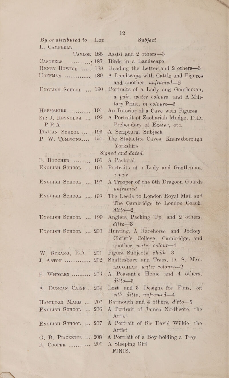12 By or attributed to L. CAMPBELL Subject Assisi and 2 others—3 CASTEELS Birds in a Landscape Henry 'BowWIcE ...... 188 Reading the Letter and 2 others—3 FUDR PMA Ne ascekcs dc .... 189 A Landscape with Cattle and Figures and another, unframed—2 Enauisn ScHoon 190 Portraits of a Lady and Gentleman, a par, water colours, and A Mili- tary Print, in colours—3 HEEMSKIRE .......... 191 An Interior of a Cave with Figures Sirk J. REYNOLDS 192 A Portrait of Zachariah Mudge, D.D. PRA, Prebendary of Exete:, etc. IvaLtan Scnoou ... 193 -A Seriptural Subject P. W. Tompxins..., 194. The Stalactite Caves, Knaresborough F, BoucHER ENGLISH SCHOOL ENGLISH SCHOOL TENNGLISH SCHOOL ENGLISH SCHOOL EnouisH ScHOOL ENGLISH SCHOOL Yorkshire 195 198 A Pastoral Portraits of a Lady and Gentleman, a par A Trooper of the 5th Dragoon Guards unframed The Leeds to London, Royal Mail and The Cambridge to London Coach. ditto—2 | Anglers Packing Up, and 2 others. ditto—8 Hunting, A Racehorse and Jockey. Christ’s College, Cambridge, and another, wate colour—4 Figure Subjects, chalk 38 Shaftesbury and Trees, D. S. Mac- LAUGHLAN, water colours-—2 A Peasant’s Home and 4 others, ditto—bd | Lost and 8 Designs for Fans, on silk, ditto, unframed—4 Barmouth and 4 others, ditto—5 A Portrait of James Northcote, the Artist A Portrait of Sir David Wilkie, the Artist CTO. LD. Serag A Portrait of a Boy holding a Tray A Sleeping Girl TINTS: