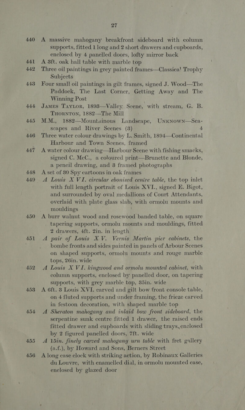 44.0 4A] 44,2 4.43 444, AAS 44.6 447 44,8 4A9 450 451 452 453 ASA 455 456 27 A massive mahogany breakfront sideboard with column supports, fitted 1 long and 2 short drawers and cupboards, enclosed by 4 panelled doors, lofty mirror back A 3ft. oak hall table with marble top Three oil paintings in grey painted frames—Classica! Trophy Subjects Four small oil paintings in gilt frames, signed J. Wood—The Paddock, The Last Corner, Getting Away and The Winning Post JAMES TayLor, 1893—Valley Scene, with stream, G. B. THORNTON, 1882—The Mill M.M., 1882—Mountainous Landscape, UNKNowN—Sea- scapes and River Scenes (3) 4 Three water colour drawings by L. Smith, 1894—-Continental Harbour and Town Scenes, framed A water colour drawing—Harbour Scene with fishing smacks, signed C. McC., a coloured print—Brunette and Blonde, a pencil drawing, and 3 framed photographs A set of 30 Spy cartoons in oak frames A Lows X VI. circular ebonised cenire table, the top inlet with full length portrait of Louis XVI., signed E. Bigot, and surrounded by oval medallions of Court Attendants, overlaid with plate glass slab, with ormolu mounts and mouldings tapering supports, ormolu mounts and mouldings, fitted 2 drawers, 4ft. 2in. in length A pair of Louis XV. Vernis Martin pier cabinets, the bombe fronts and sides painted in panels of Arbour Scenes on shaped supports, ormolu mounts and rouge marble tops, 26in. wide A Louis X VI. kingwood and ormolu mounted cabinet, with column supports, enclosed by panelled door, on tapering supports, with grey marble top, 35in. wide A 6ft. 3 Louis XVI. carved and gilt bow front console table, on 4 fluted supports and under framing, the frieze carved in festoon decoration, with shaped marble top A Sheraton mahogany and inlaid bow front sideboard, the serpentine sunk centre fitted 1 drawer, the raised ends fitted drawer and cupboards with sliding trays,,enclosed by 2 figured panelled doors, 7ft. wide A 15in. finely carved mahogany urn table with fret gallery (a.f.), by Howard and Sons, Berners Street A long ease clock with striking action, by Robinaux Galleries du Louvre, with enamelled dial, in ormolu mounted case, enclosed by glazed door