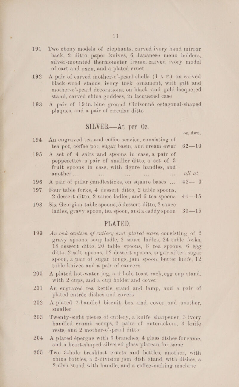 191 £92 193 194 195 196 197 198 go 200 201 203 204 205 Il Two ebony models of elephants, carved ivory hand mirror back, 2. ditto paper knives, 6 Japanese menu holders, silver-mounted thermometer frame, carved ivory model of cart and oxen, and a plated cruet A pair of carved mother-o’-pear] shells (1 A.F.), on carved black-wood stands, ivory tusk ornament, with gilt and mother-o’-pearl decorations, on black and gold lacquered stand, carved china goddess, in lacquered case A pair of 19in. blue ground Cloisonné octagonal-shaped plaques, and a pair of circular ditto SILVER—At per Oz. oz. dwt. An engraved tea and coliee service, consisting of tea pot, coffee pot, sugar basin, and cream ewer 62—10 A set of 4 salts and spoons in case, a pair of fruit spoons in case, with figure handles, and another ... mee a a pe Ge Gy A pair of pillar candlesticks, on square bases ... 42— 0 Four table forks, 4 dessert ditto, 2 table spoons, 2 dessert ditto, 2 sauce ladles, and 6 tea spoons 44—15 Six Georgian table spoons, 5 dessert ditto, 2 sauce ladles, gravy spoon, tea spoon, andacaddy spoon 30—19d PLATED. An oak canteen of cutlery and plated ware, consisting of 2 gravy spoons, soup ladle, 2 sauce ladles, 24 table forks, 18 dessert ditto, 20 table spoons, 8 tea spoons, 6 egg ditto, 2 salt spoons, 12 dessert spoons, sugar sifter, sugar spoon, a pair of sugar tongs, jam spoon, butter knife, 12 table kuives and a pair of carvers A plated hot-water jug, a 4-hole toast rack, egg cup stand, with 2 cups, and a cup holder and cover An engraved tea kettle, stand and lamp, and a pair of plated entrée dishes and covers A plated 2-handled biscuit box and cover, and another, smaller Twenty-eight pieces of cutlery, a knife sharpener, 3 ivory handled crumb scoops, 2 pairs of nuterackers, 3 knife rests, and 2 mother-o’-pearl ditto A plated épergne with 5 branches, 4 vlass dishes for same, and a heart-shaped silvered glass plateau for same Two 3-hole breakfast cruets and bottles, another, with china bottles, a 2-division jam dish stand, with dishes, a 2-dish stand with handle, and a coffee-making machine