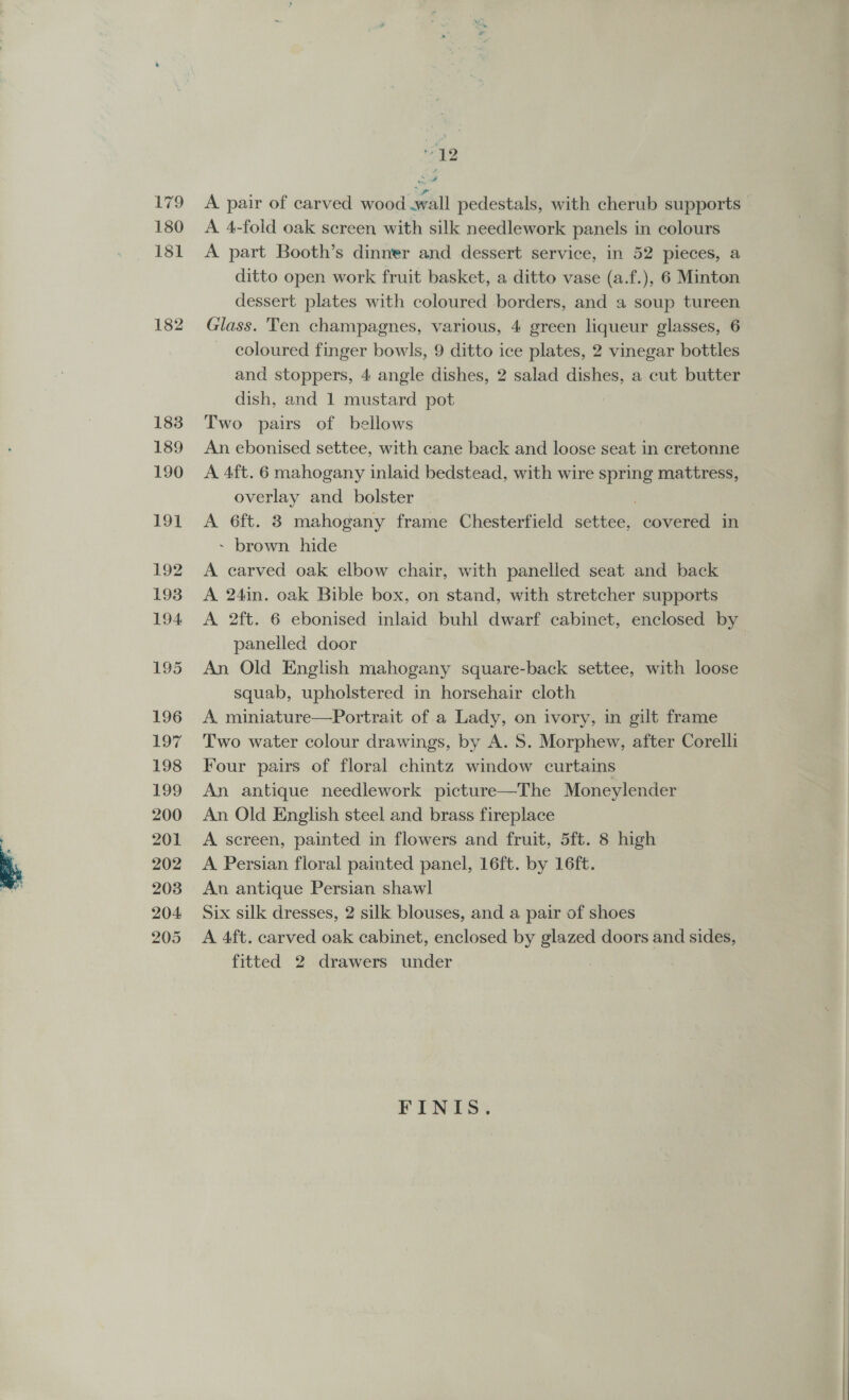 L79 180 181 182 183 189 190 191 192 193 194 195 196 197 198 199 200 201 202 203 204 205 2 A pair of carved wood wall pedestals, with cherub supports A 4-fold oak screen with silk needlework panels in colours A part Booth’s dinner and dessert service, in 52 pieces, a ditto open work fruit basket, a ditto vase (a.f.), 6 Minton dessert plates with coloured borders, and a soup tureen Glass. Ten champagnes, various, 4 green liqueur glasses, 6 coloured finger bowls, 9 ditto ice plates, 2 vinegar bottles and stoppers, 4 angle dishes, 2 salad dishes, a cut butter dish, and 1 mustard pot Two pairs of bellows An ebonised settee, with cane back and loose seat in cretonne A 4ft. 6 mahogany inlaid bedstead, with wire vies mattress, overlay and bolster A 6ft. 8 mahogany frame Chesterfield settee, : coient in ~ brown hide A carved oak elbow chair, with panelled seat and back A 24in. oak Bible box, on stand, with stretcher supports A 2ft. 6 ebonised inlaid buhl dwarf cabinet, enclosed by panelled door An Old English mahogany square-back settee, with loose squab, upholstered in horsehair cloth A miniature—Portrait of a Lady, on ivory, in gilt frame Two water colour drawings, by A. S. Morphew, after Corelli Four pairs of floral chintz window curtains An antique needlework picture—The Moneylender An Old English steel and brass fireplace A screen, painted in flowers and fruit, 5ft. 8 high A Persian floral painted panel, 16ft. by 16ft. An antique Persian shawl Six silk dresses, 2 silk blouses, and a pair of shoes A 4ft. carved oak cabinet, enclosed by glazed doors and sides, fitted 2 drawers under FINIS.