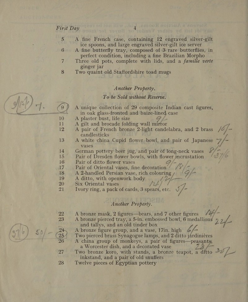 5 6 A fine French case, containing 12 engraved silver-gilt ice spoons, and large engraved silver-gilt ice server A fine butterfly tray, composed of 3 rare butterflies, in perfect condition, including a fine Brazilian Morpho Three old pots, complete with lids, and a famulle verte ginger jar Two quaint old Staffordshire toad mugs Another Property. To be Sold without Reserve. A unique collection of 29 composite Indian cast figures, in oak glass-fronted and baize- oe 4 case A plaster bust, life size Gf - A gilt and brocade folding wall mirror s A pair of French bronze 2-light candelabra, and 2 brass | /6/ candlesticks A white china Cupid flower bowl, and pair of Japanese “7/- vases se German pottery beer jug, and pair of long-neck vases §, fone Pair of Dresden flower bowls, with ae aside dea 2 // Pair of ditto flower vases Pair of Oriental vases, fine gees ee aul M9 /2 A 2-handled Persian vase, rich colouring (Gf&gt; A ditto, with openwork boat 9 iy? Lhe! Six Oriental vases Ivory ring, a pack of cards, 3 Din, mae J/- Another Property. A bronze mask, 2 figures—bears, and 7 other figures A bronze pierced tray, a 5-in. embossed bowl, 6 Bethe y) hal and tallys, and an old tinder box A bronze figure group, and a vase, 17in. high of- Two pierced brass Synagogue lamps, and 2 ditto jardiniéres A china group of monkeys, a pair of eM! 9: a Worcester dish, and a decorated vase 23 F- Two bronze koro, with stands, a bronze teapot, a ditto 37 fer inkstand, and a pair of old snuffers Twelve pieces of Egyptian pottery